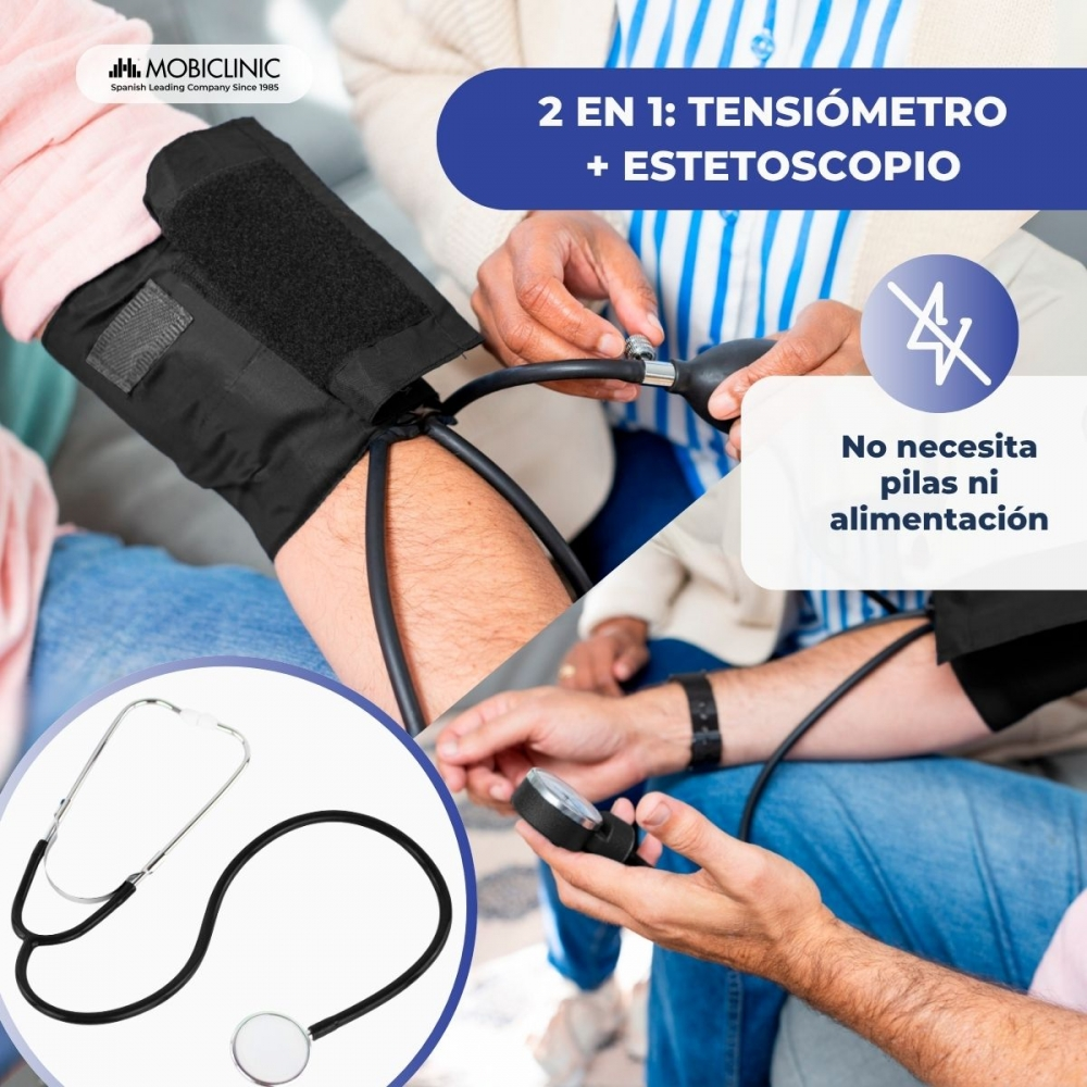 Un tensiómetro con estetoscopio, no necesita pilas ni alimentación.