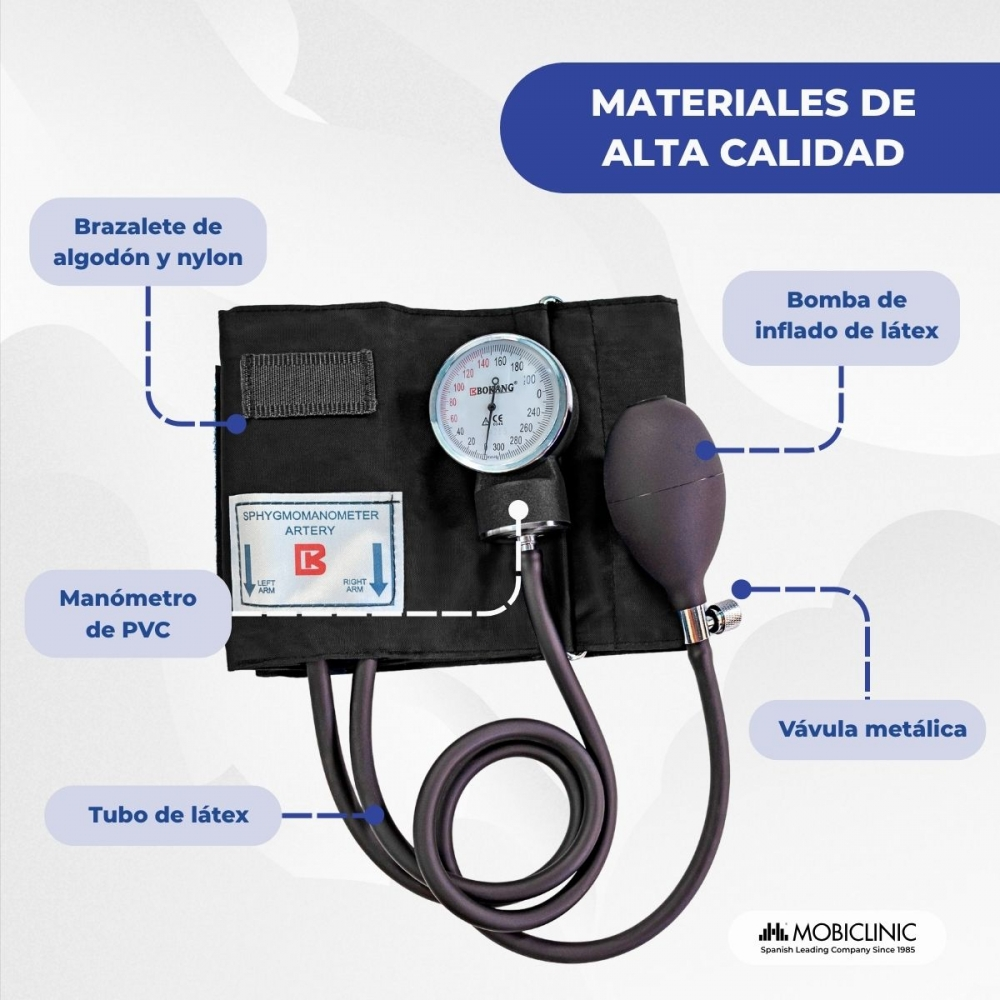 Un tensiómetro con manguito, manómetro, pera y tubo. Materiales de alta calidad.