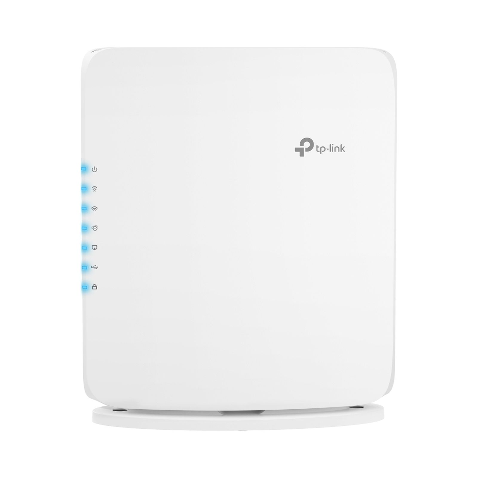 Biały router TP-Link z niebieskimi wskaźnikami LED zasilania, Wi-Fi i zabezpieczeń.