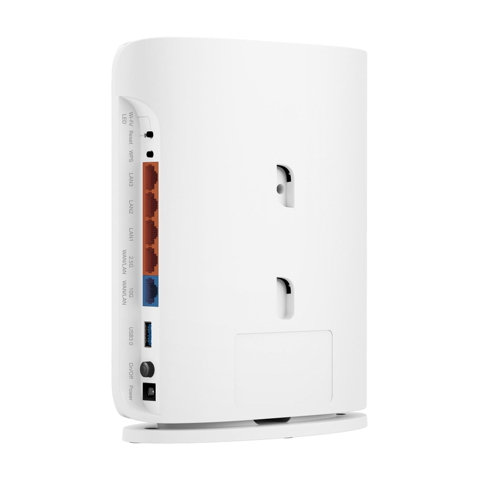 Biały router z portami LAN, WAN/LAN, 10G, USB3.0, Power, Wł./Wył.