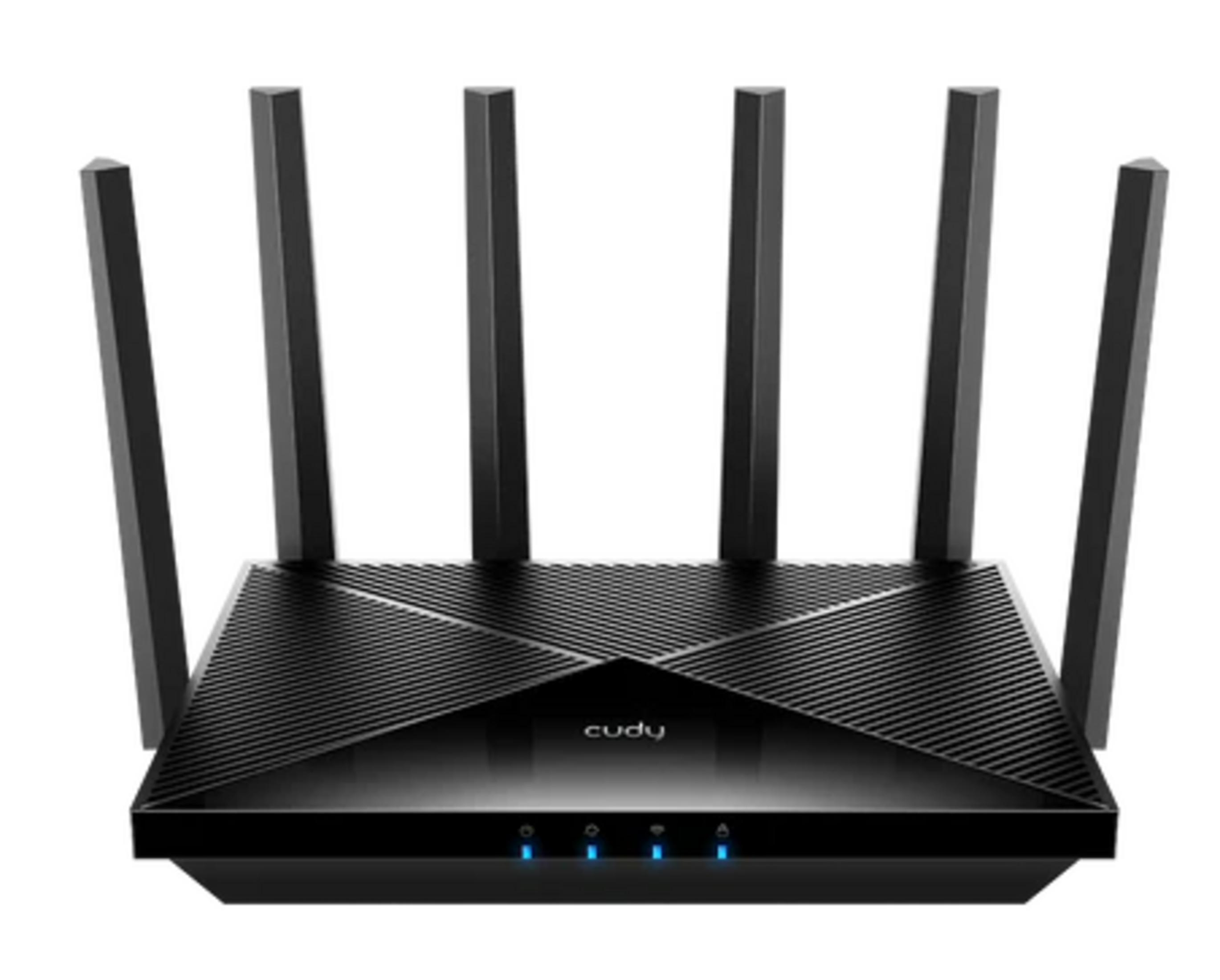 Czarny router z sześcioma antenami i niebieskimi diodami LED.