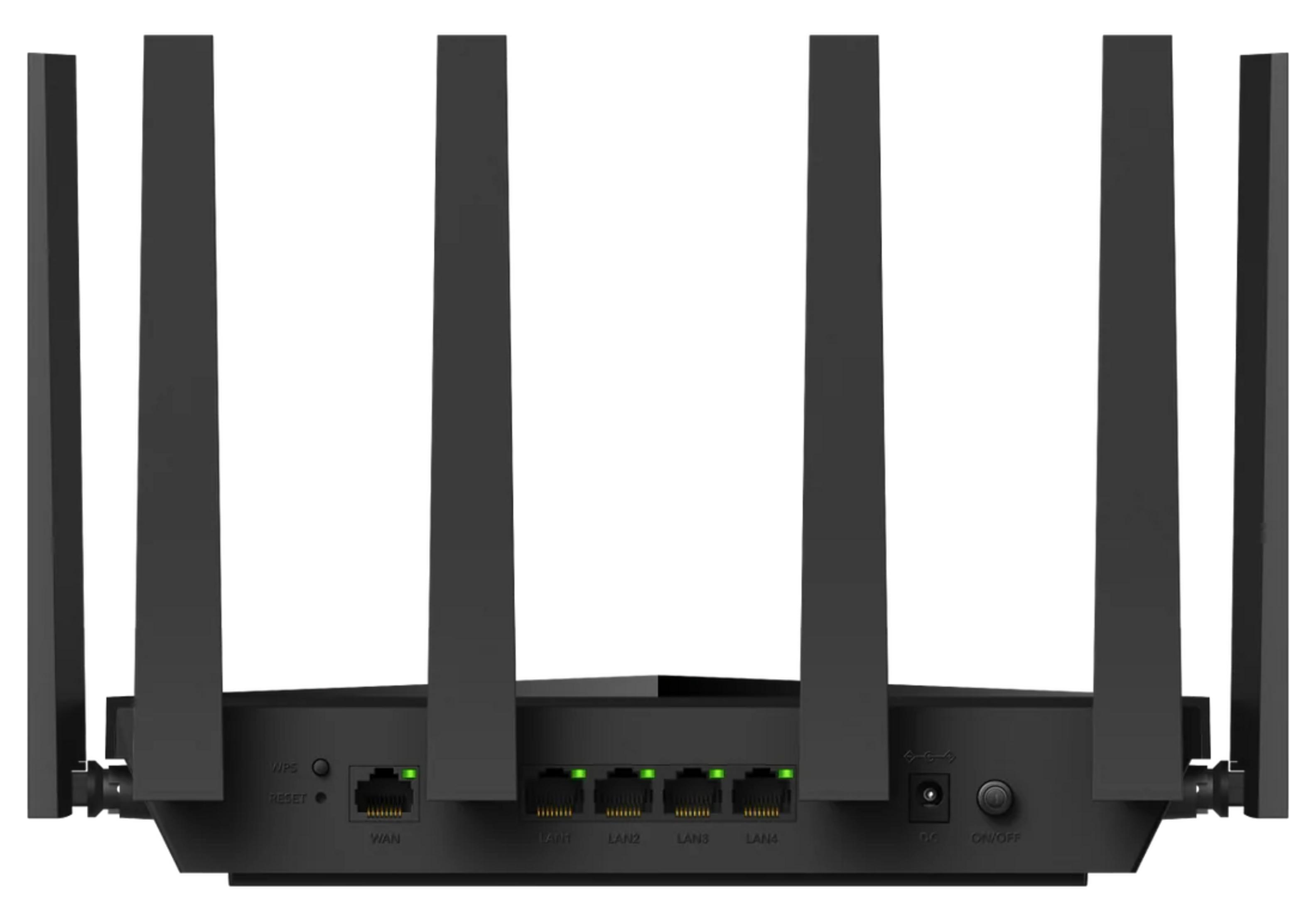 Czarny router z sześcioma antenami, portami WAN, LAN i włącznikiem.