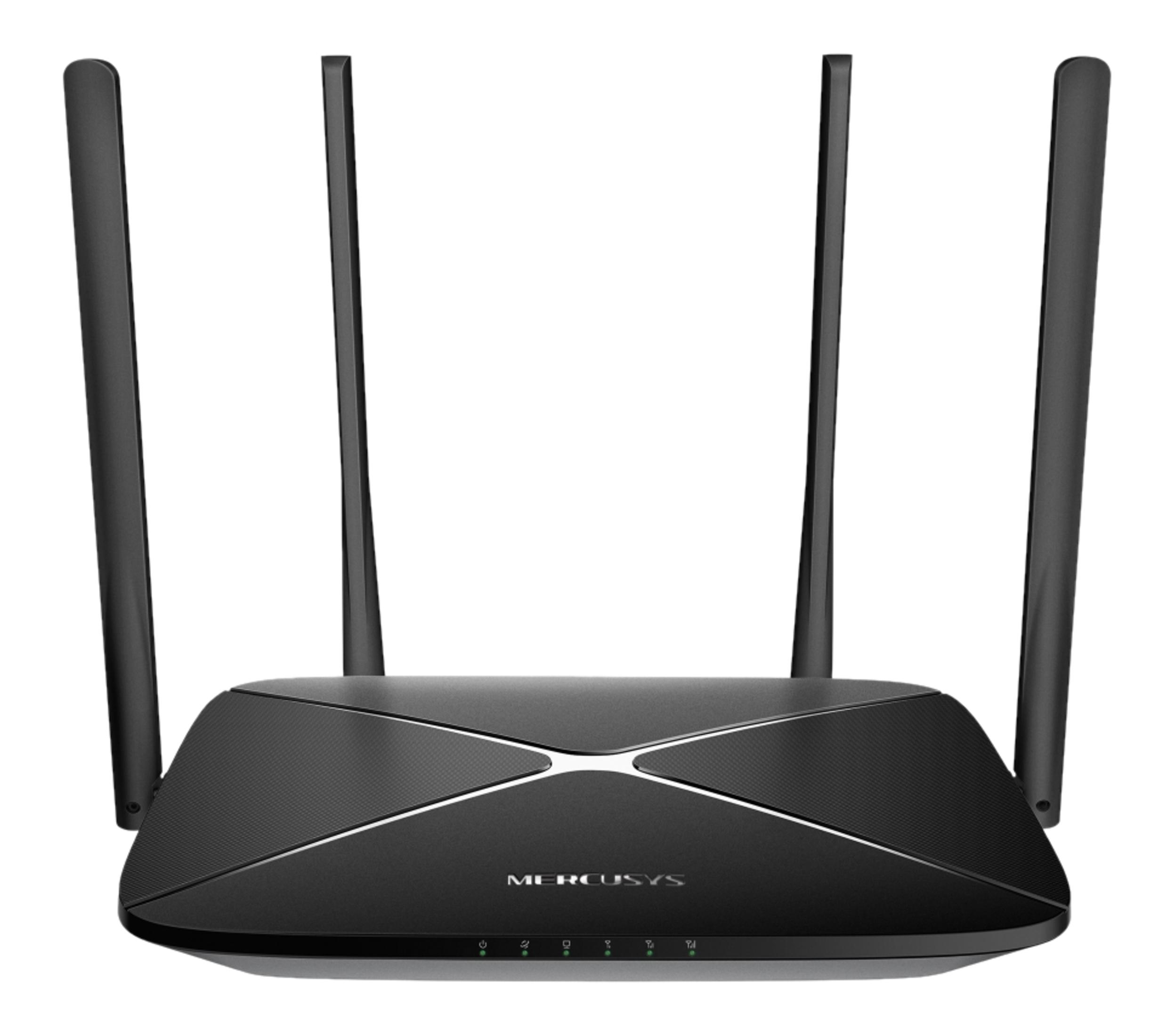 Un router Mercusys nero con quattro antenne su sfondo bianco.