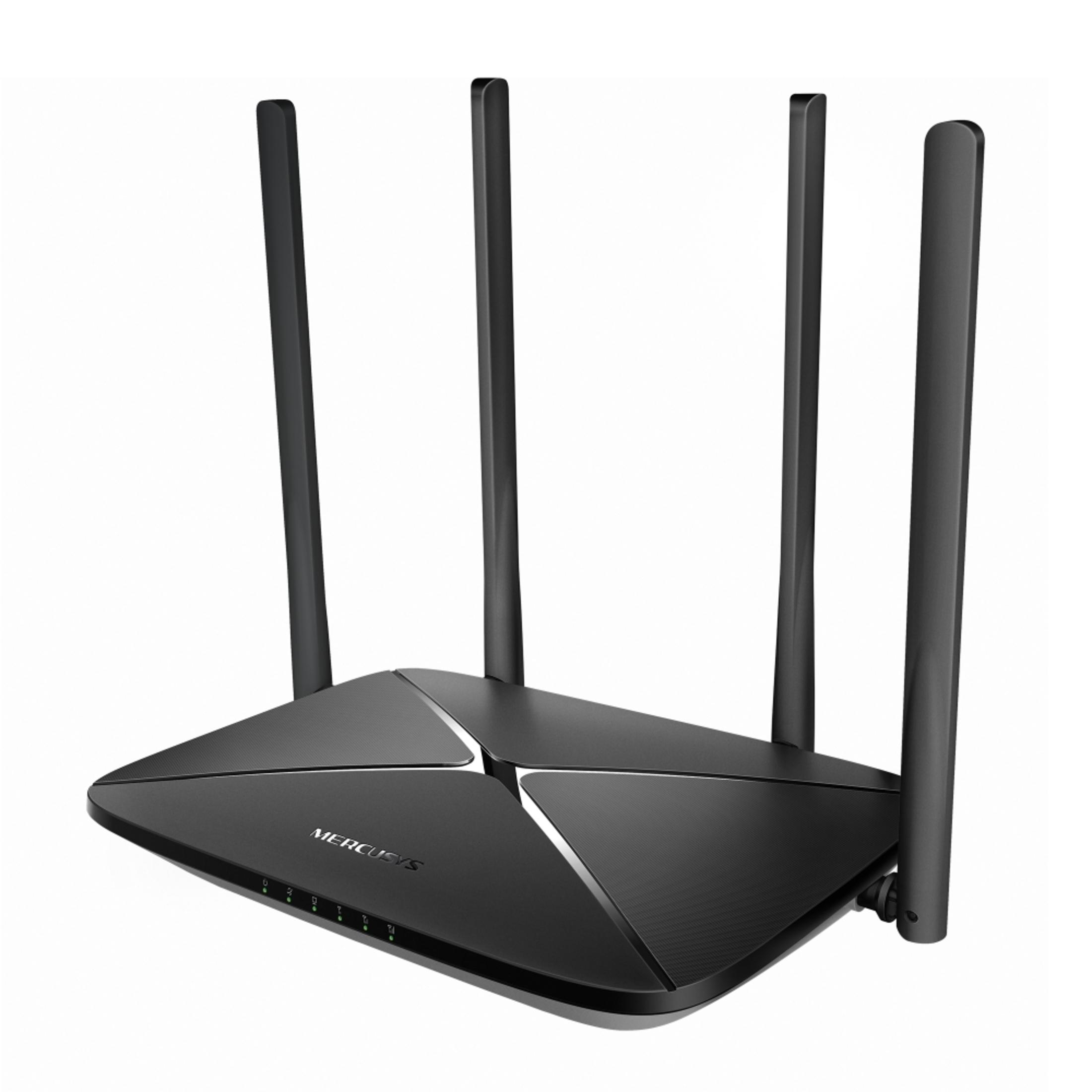 Un router Wi-Fi nero con quattro antenne si erge su sfondo bianco.