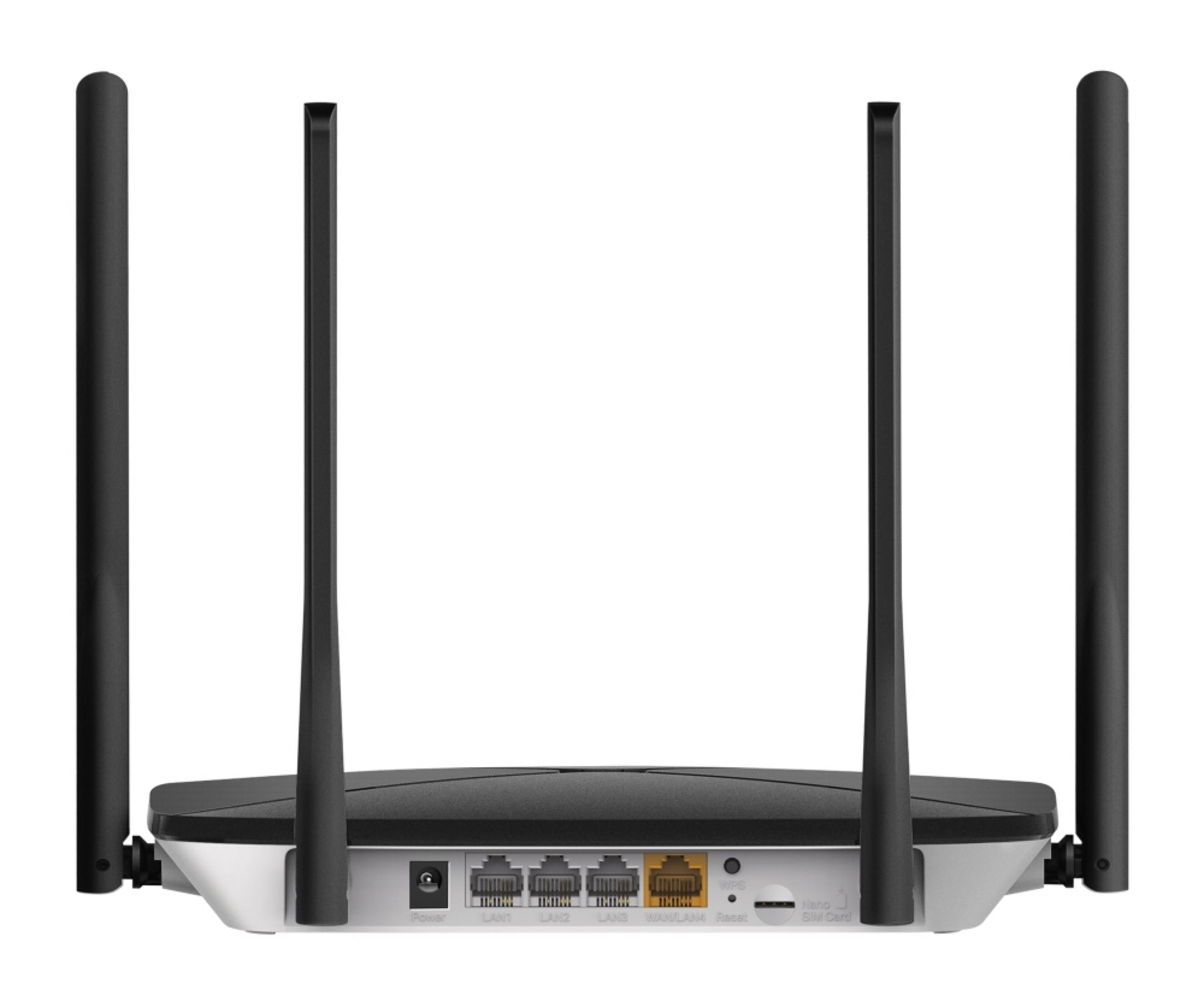 Un router nero con quattro antenne e porte sul retro.