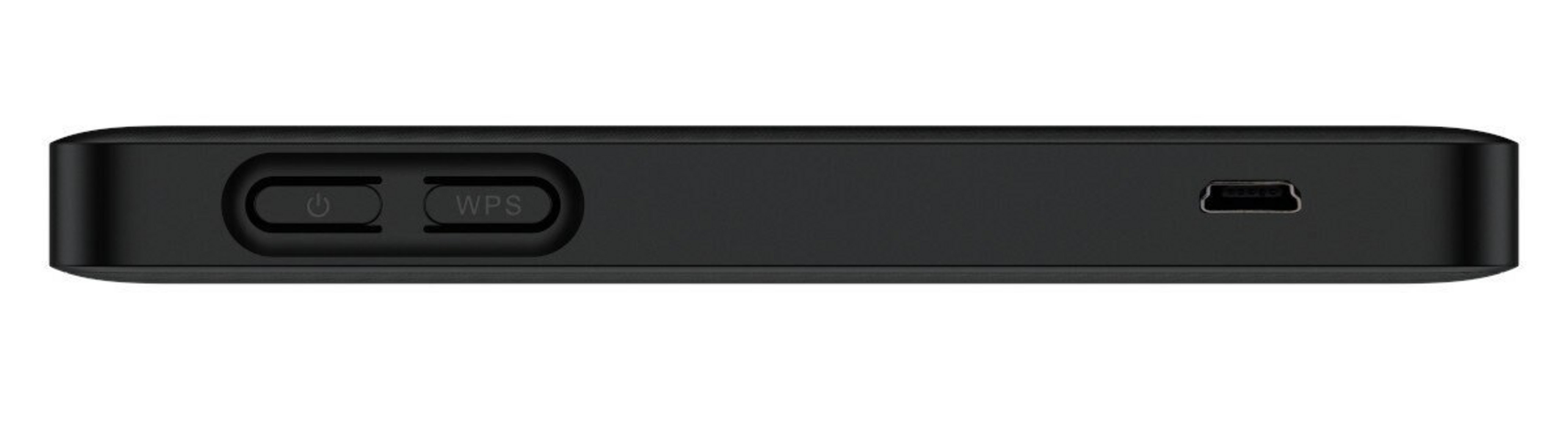 Dispositivo nero e piatto con pulsanti Power e WPS e porta USB-C.