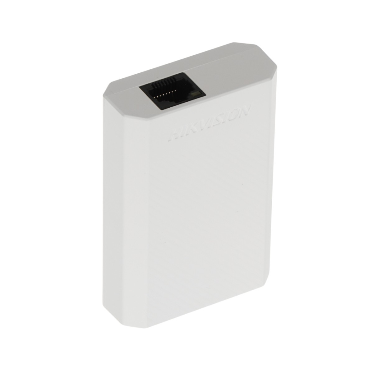 Un dispositivo Hikvision blanco con un puerto Ethernet arriba.