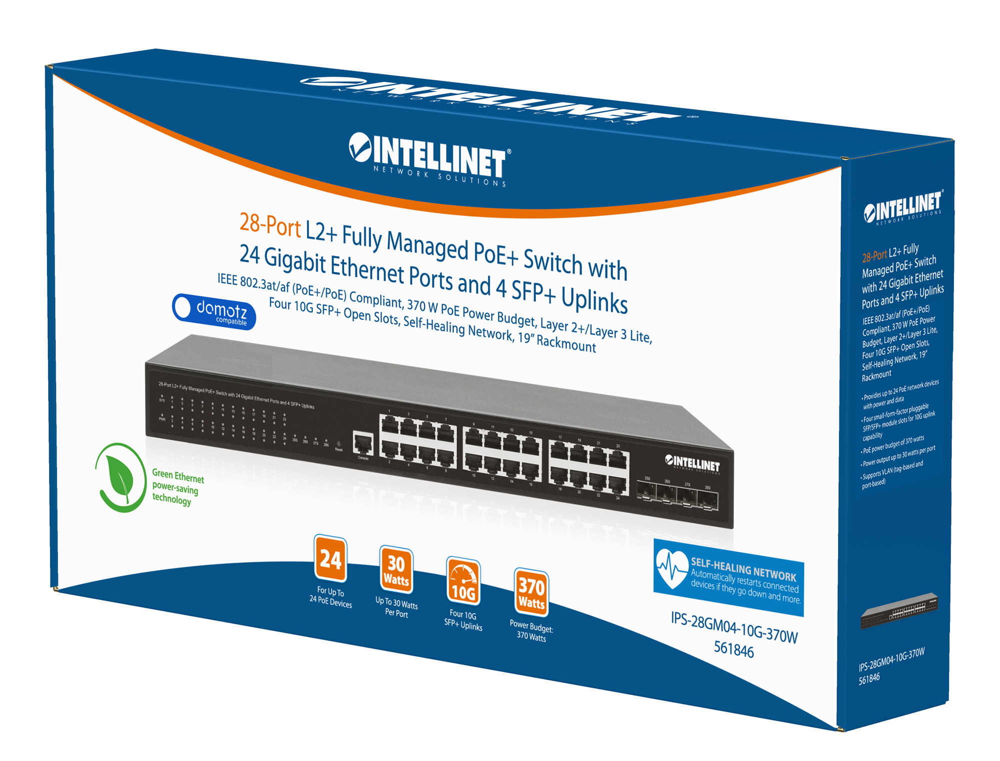 Intellinet 28-portowy przełącznik L2+ PoE+ z 24 portami Gigabit Ethernet.