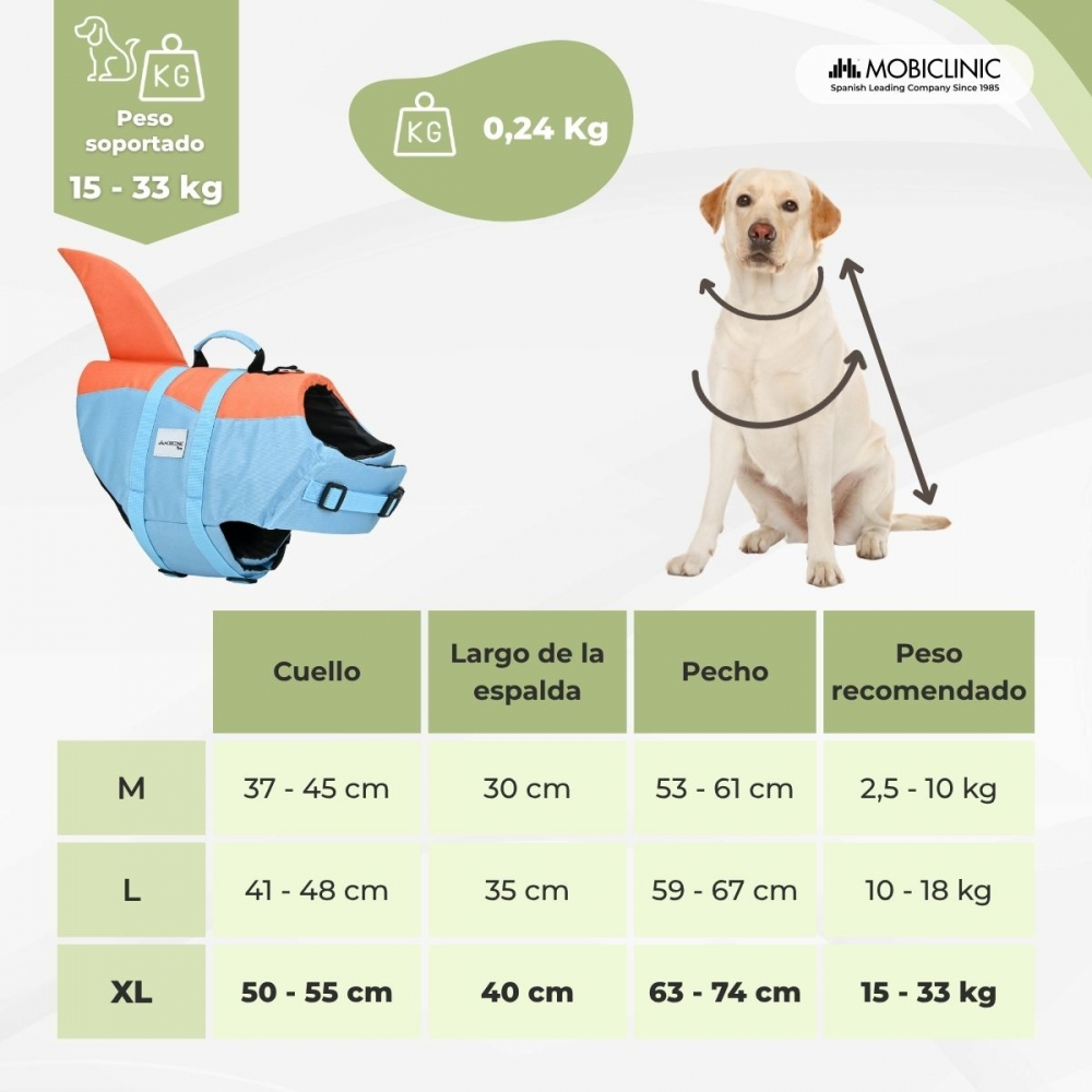 Tabla de tallas para chalecos salvavidas para perros: M, L, XL con medidas.