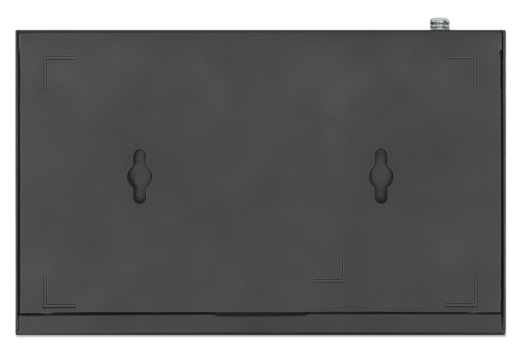 Tył czarnej obudowy z dwoma otworami do zawieszania i łbem śruby.