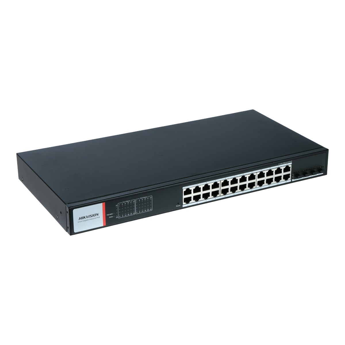 Switch di rete nero a 24 porte con logo HIKVISION.