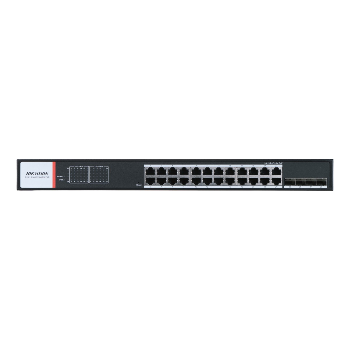 Uno switch di rete nero con 24 porte Ethernet e logo HIKVISION.