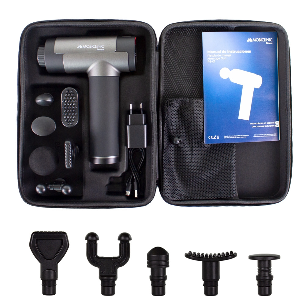 Pistola de masaje con accesorios en un estuche, incluye manual y cargador.