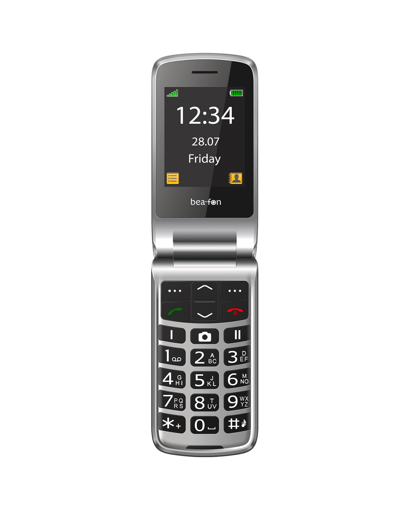 Un teléfono plegable plateado con teclado numérico y pantalla iluminada.