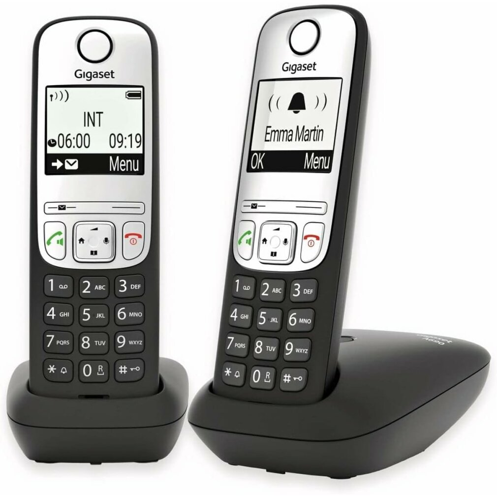 Dos teléfonos inalámbricos Gigaset blancos con teclado y pantalla.