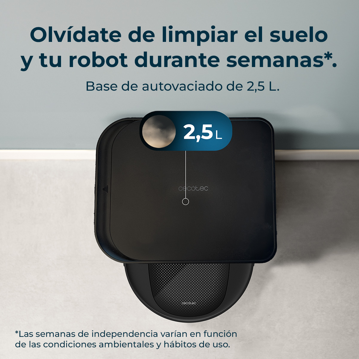 Robot aspirapolvere nero con base autosvuotante da 2,5L.