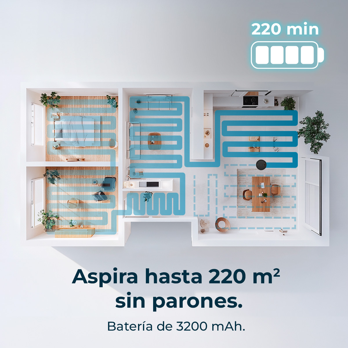 Plano de apartamento con ruta de limpieza de robot aspirador. 220 min de batería.