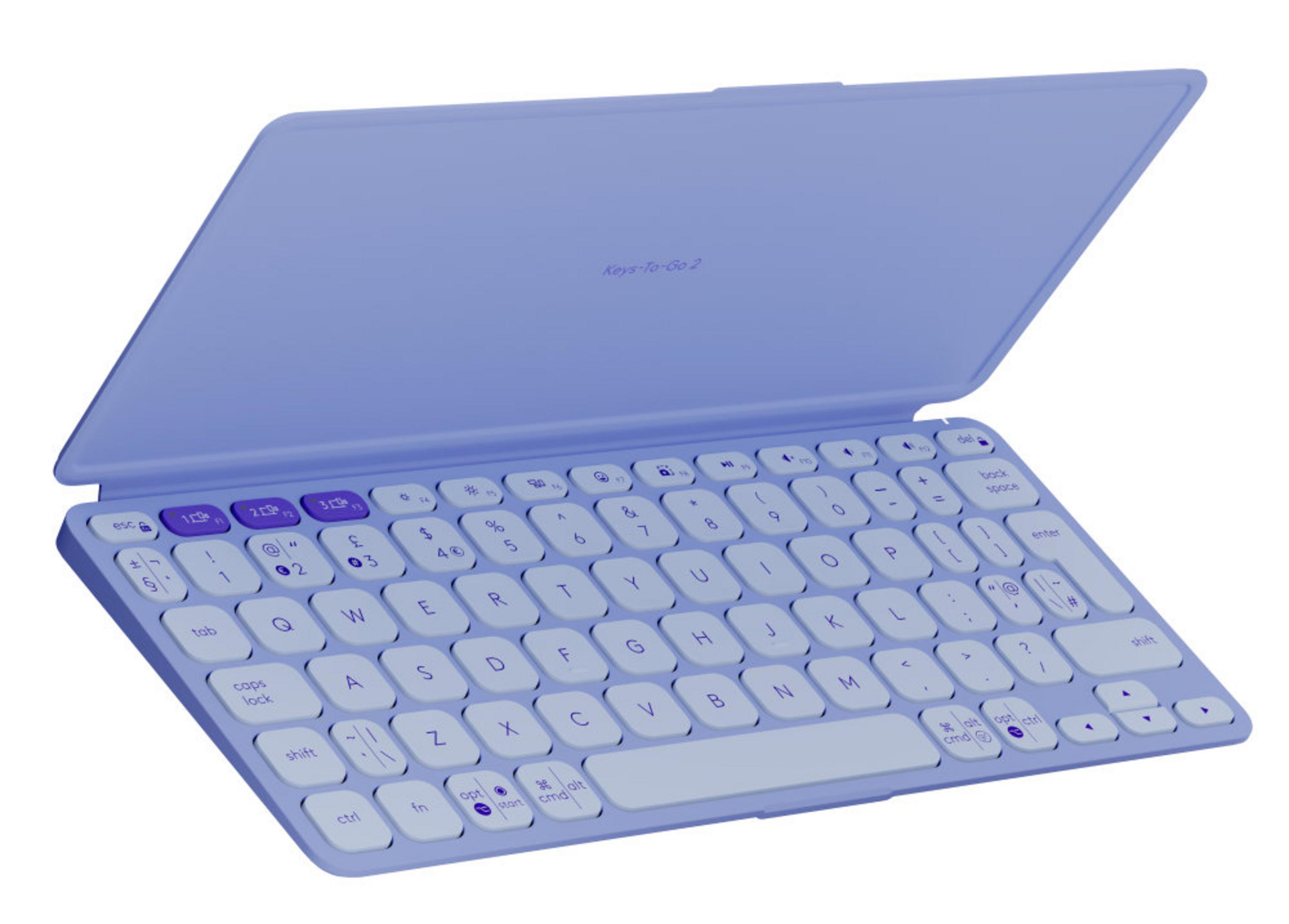 Liliowe klawiatura z otwartą pokrywą, widoczne klawisze.