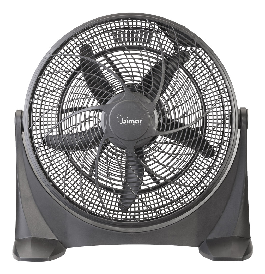 Czarny wentylator skrzynkowy z pięcioma łopatkami i kratką.