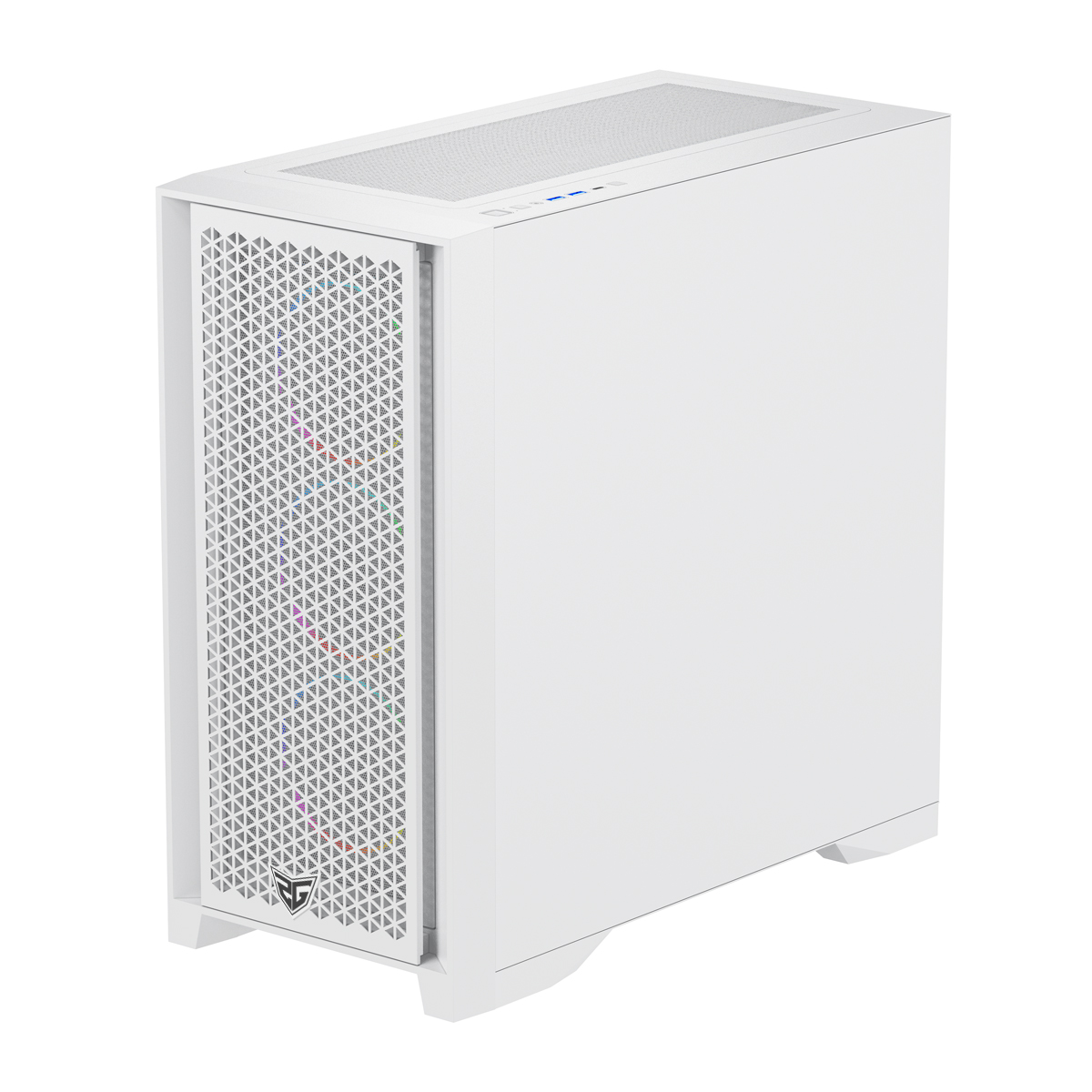 Una caja de PC blanca con frontal de malla y ventiladores RGB.