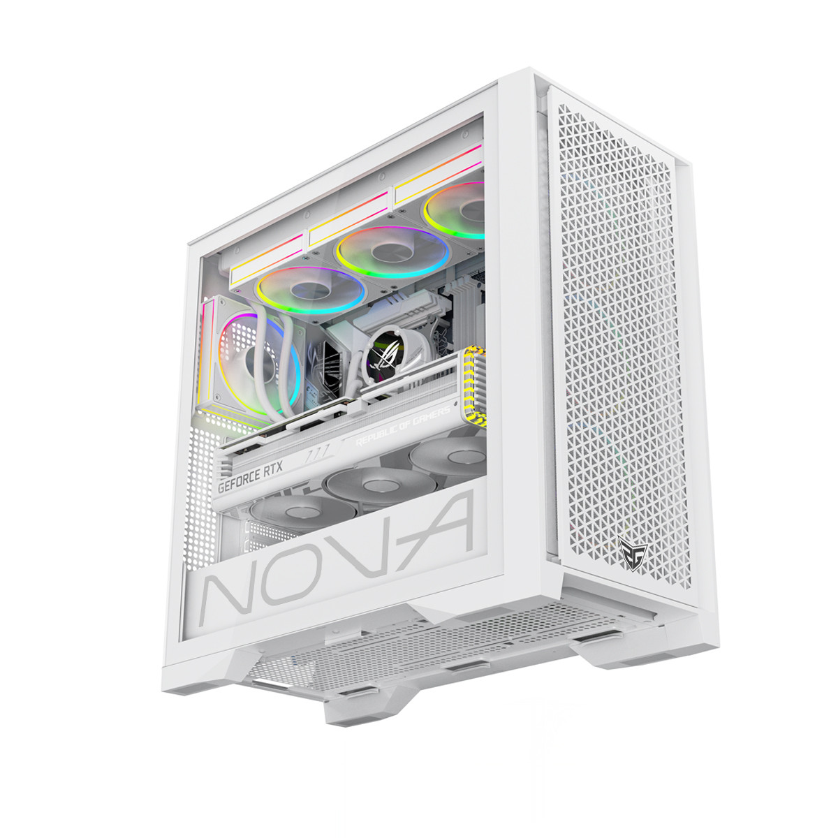 Una caja de PC blanca con ventiladores RGB, tarjeta gráfica y el letrero NOVA.