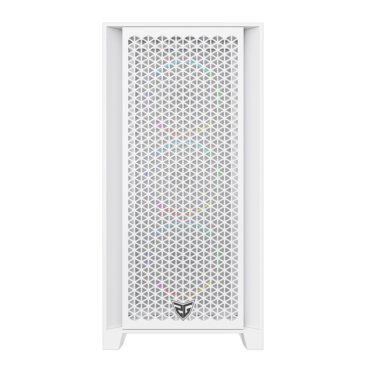 Una caja de PC blanca con panel frontal perforado y LEDs de colores.