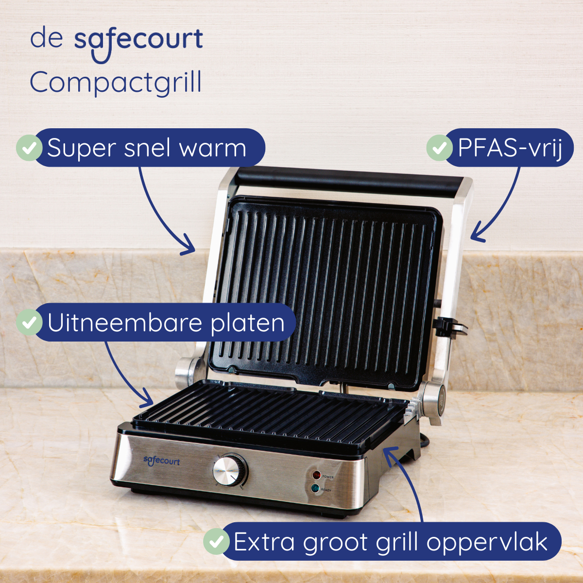 An open Safecourt Compactgrill with heating plates and controls.