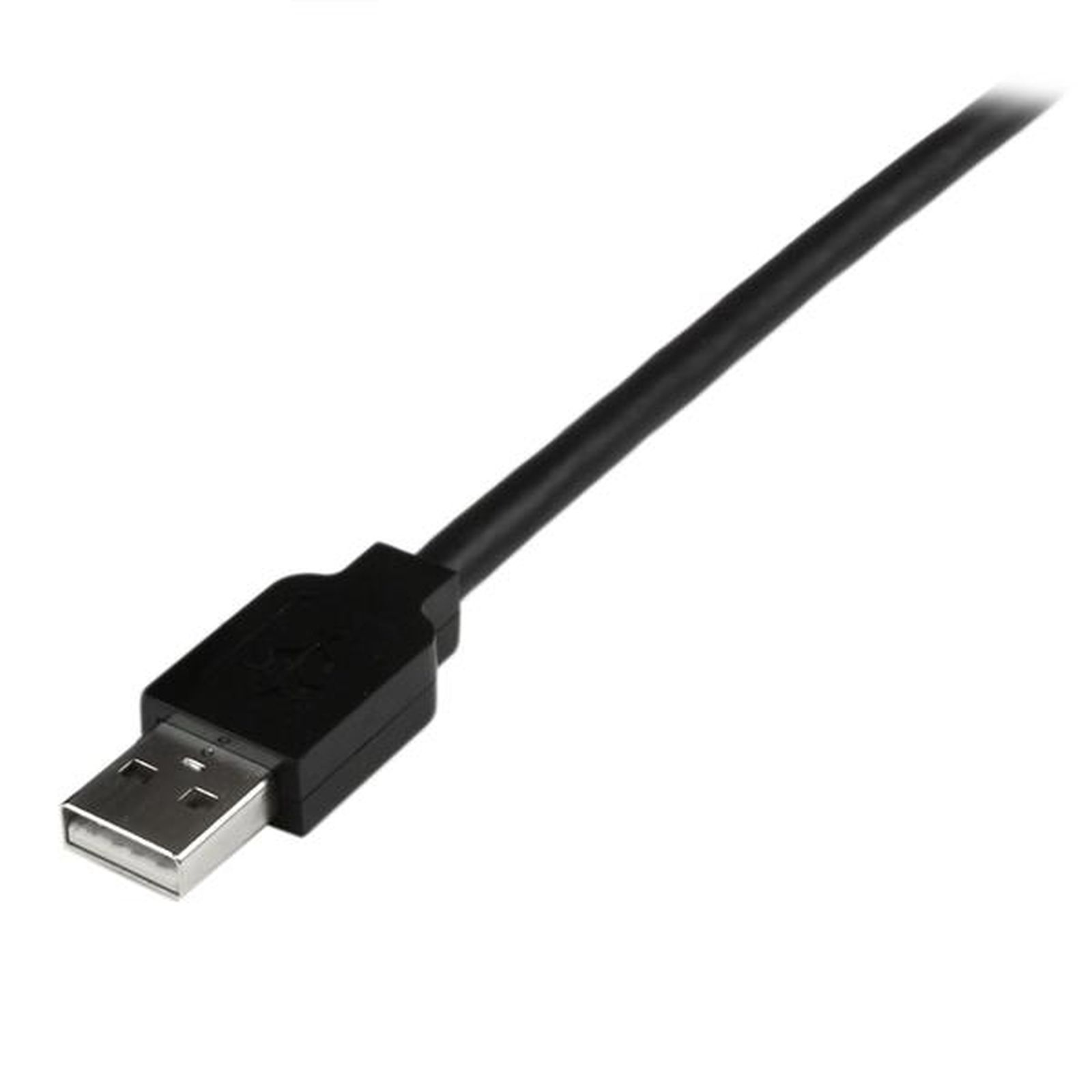 Un cavo USB nero con connettore argentato su sfondo bianco.