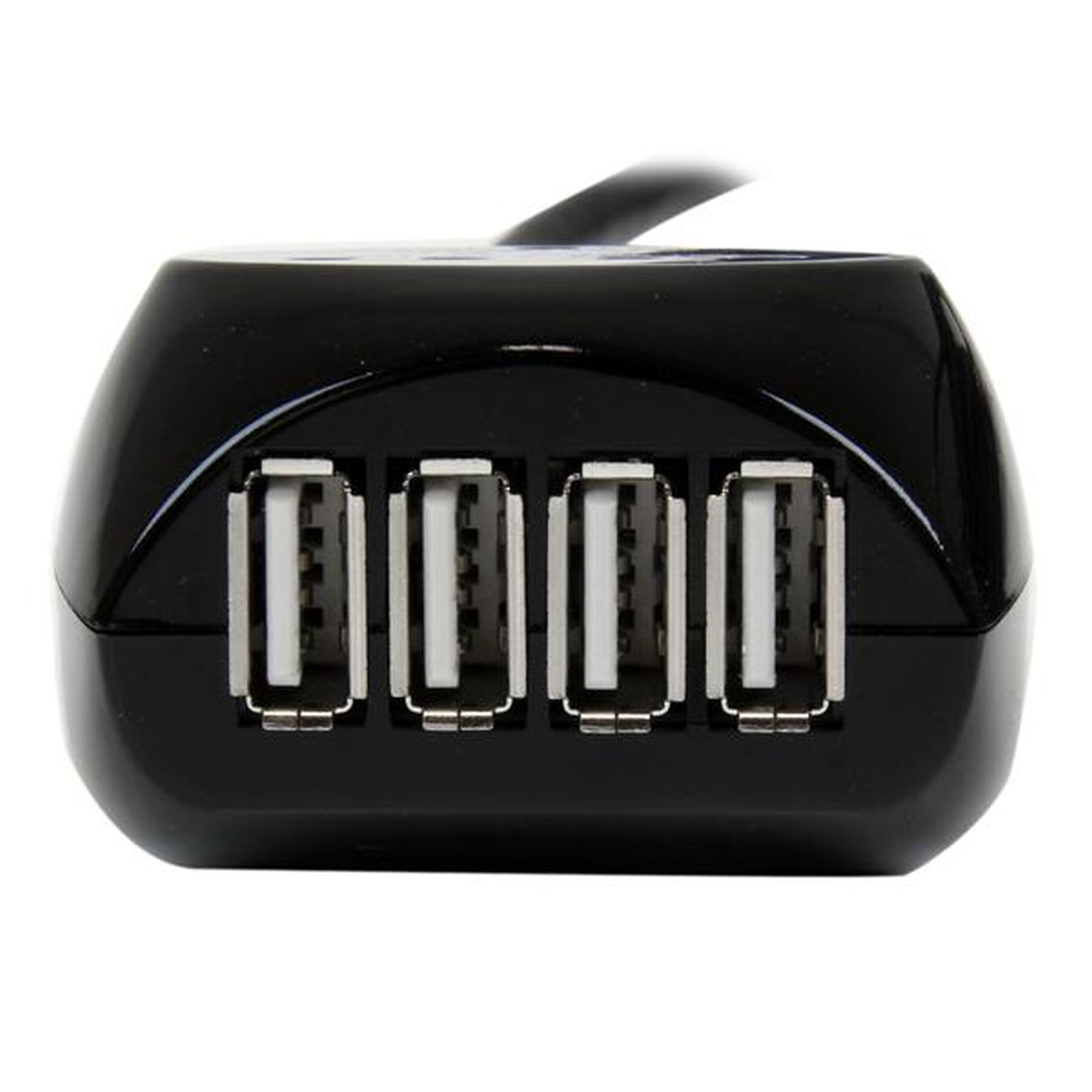 Hub USB nero con quattro porte e un cavo.