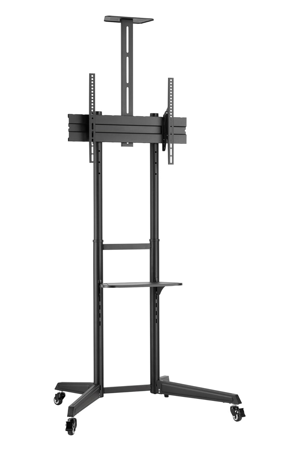 Supporto TV mobile nero con supporto e ripiano regolabili.