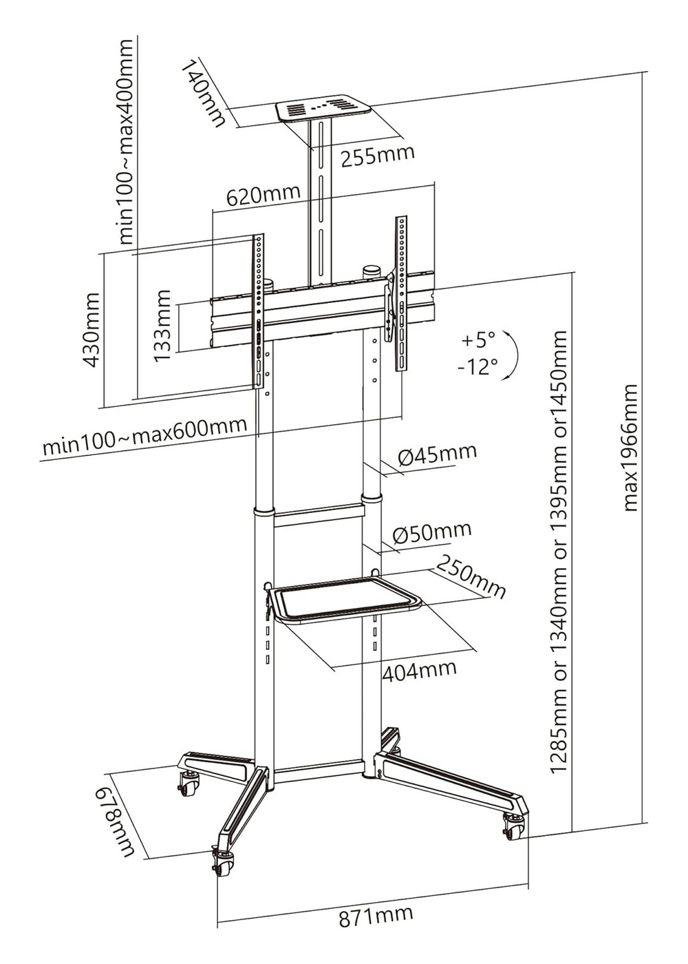 Disegno tecnico di un supporto TV con ruote e ripiani, con dimensioni.
