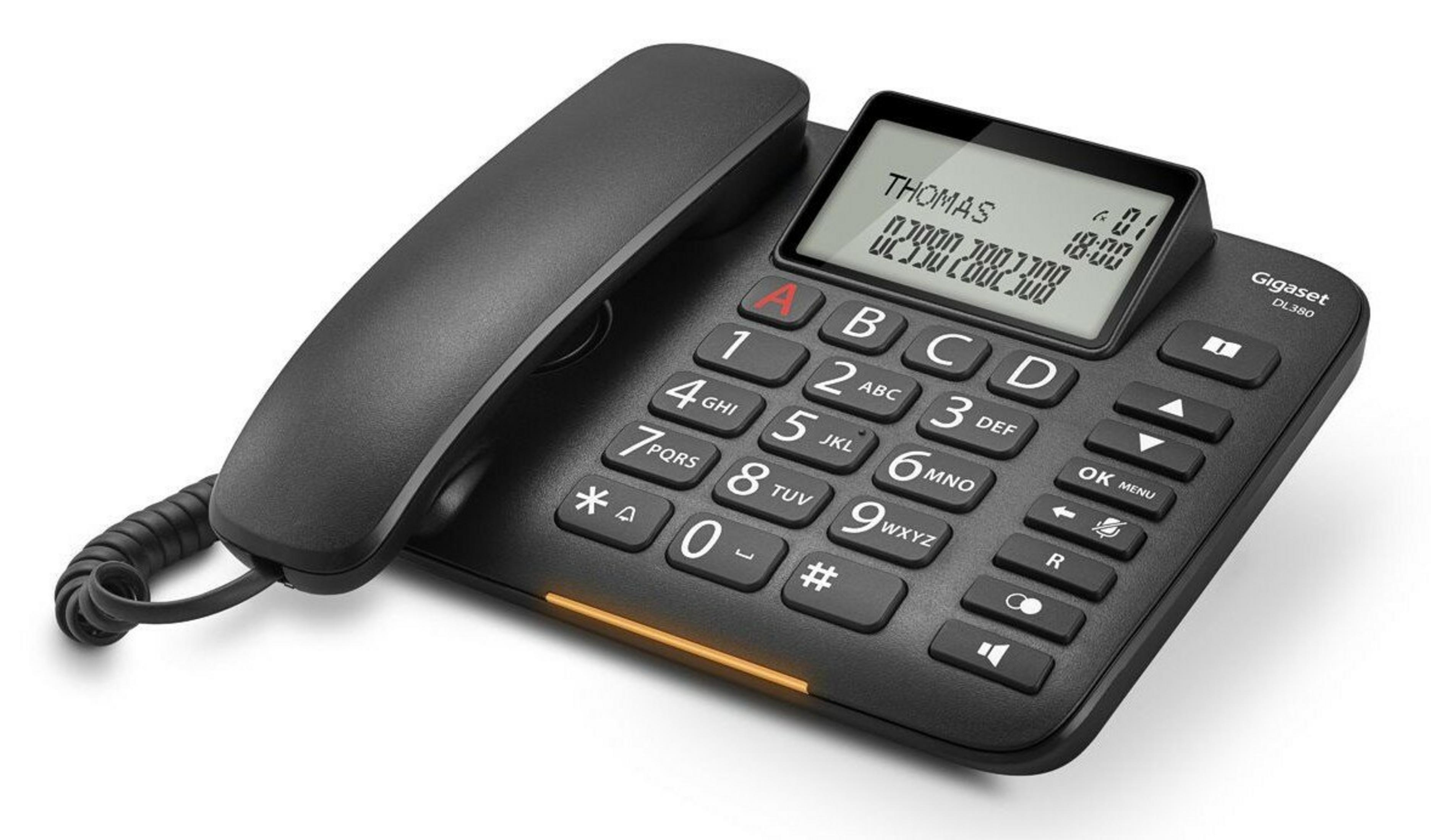 Un telefono fisso nero Gigaset DL380 con tastiera illuminata e schermo LCD.