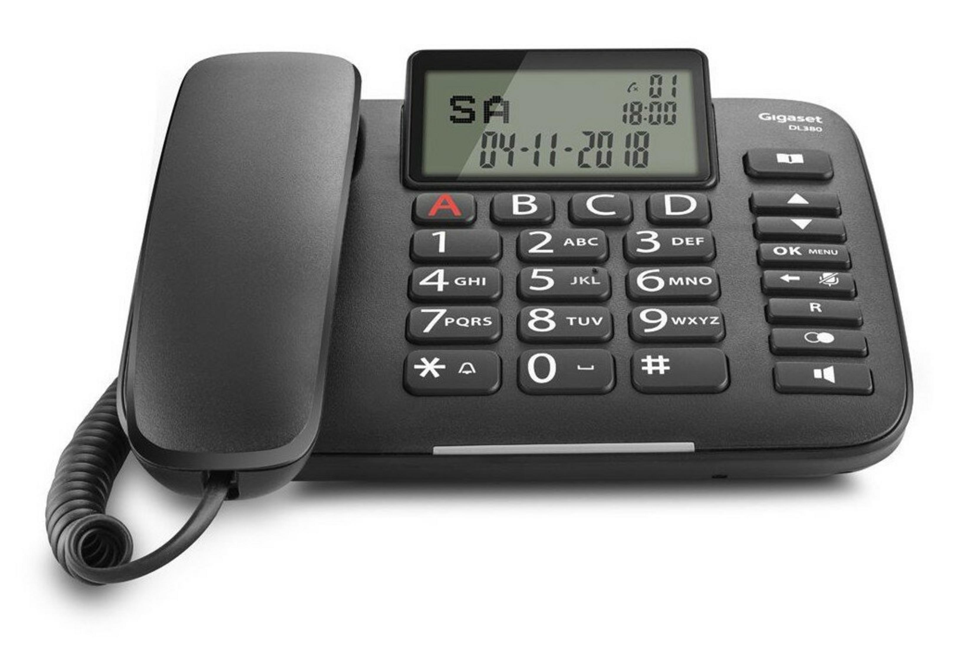 Telefono fisso Gigaset nero con display, tastiera e cornetta. Il display mostra data e ora.