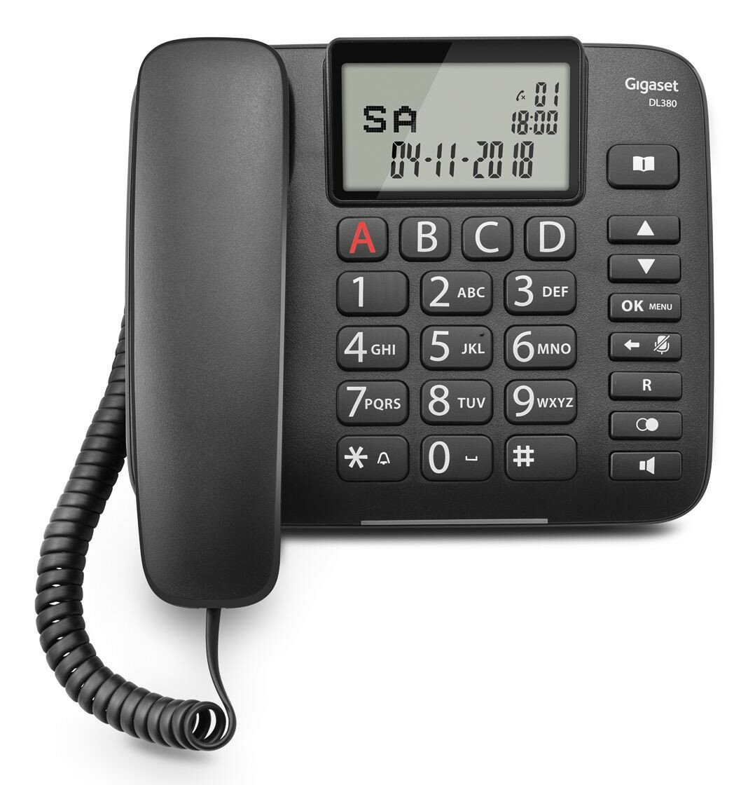 Un telefono fisso Gigaset DL380 nero con tastierino numerico e display.