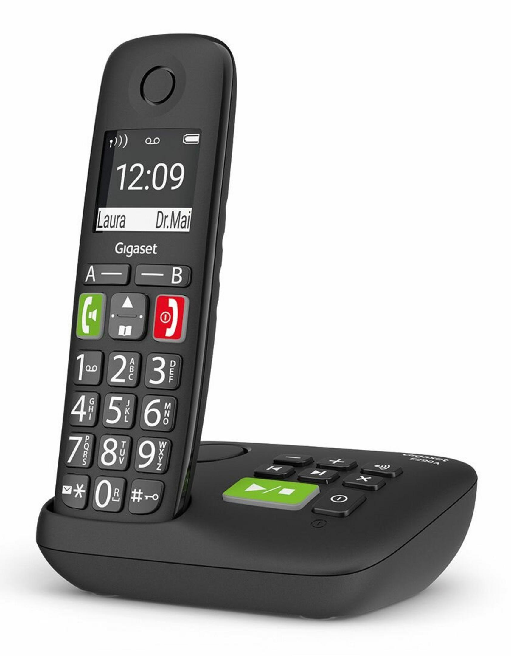 Czarny telefon bezprzewodowy na stacji ładującej z podświetlanym wyświetlaczem.