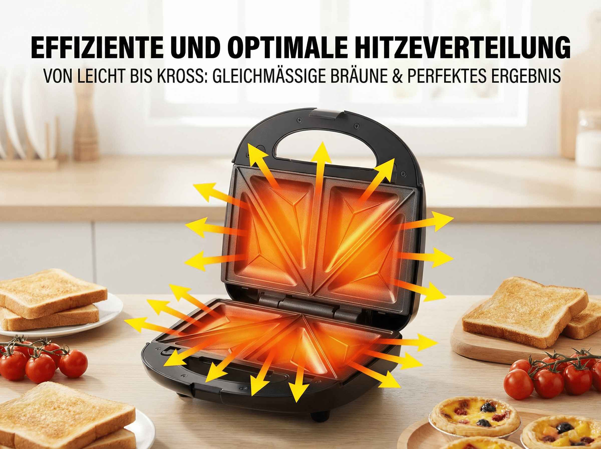 Ein offener Sandwichmaker mit leuchtenden Heizplatten und gelben Pfeilen, die Hitze zeigen.