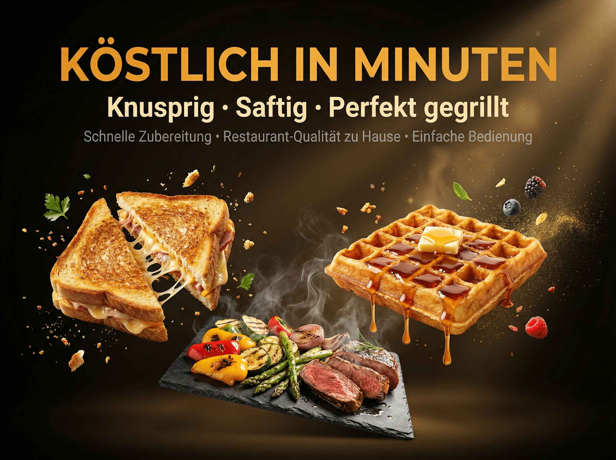Gegrillte Steaks, Gemüse, Waffeln und Käse-Sandwiches auf dunklem Hintergrund.
