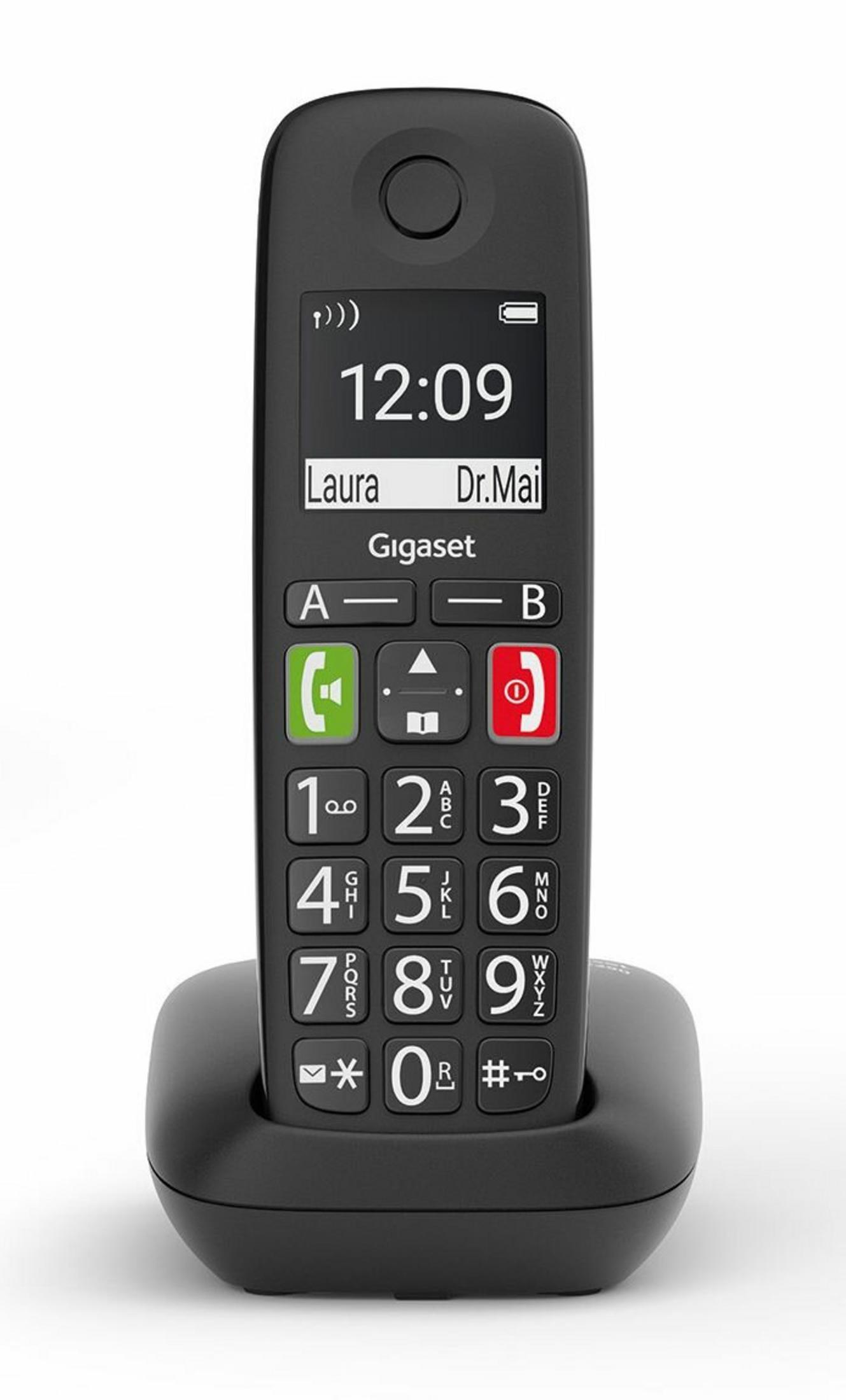 Telefono cordless Gigaset nero con ora 12:09 e nomi.
