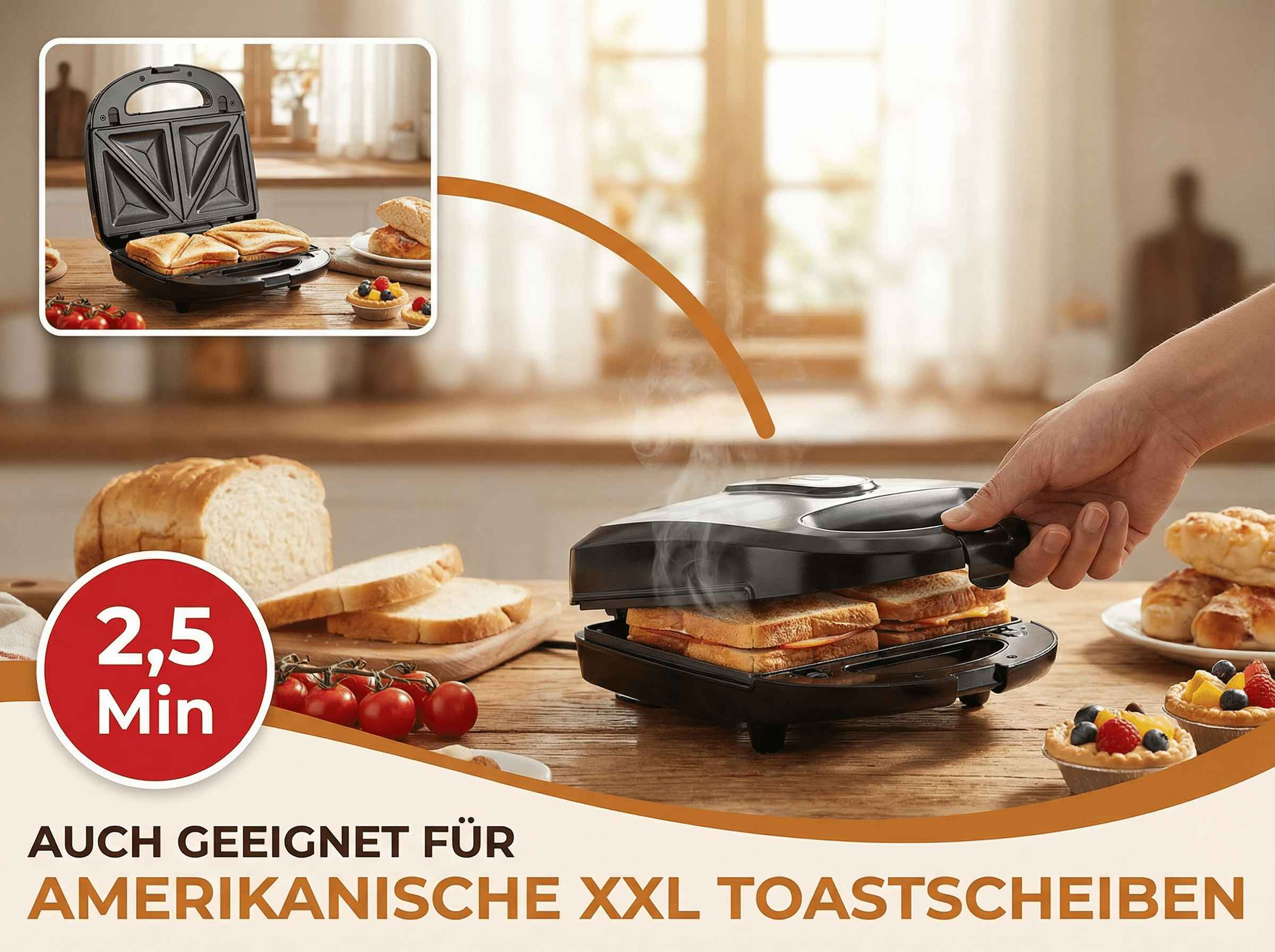 Ein Sandwichmaker mit Sandwiches, Brotscheiben und Beerenkuchen.