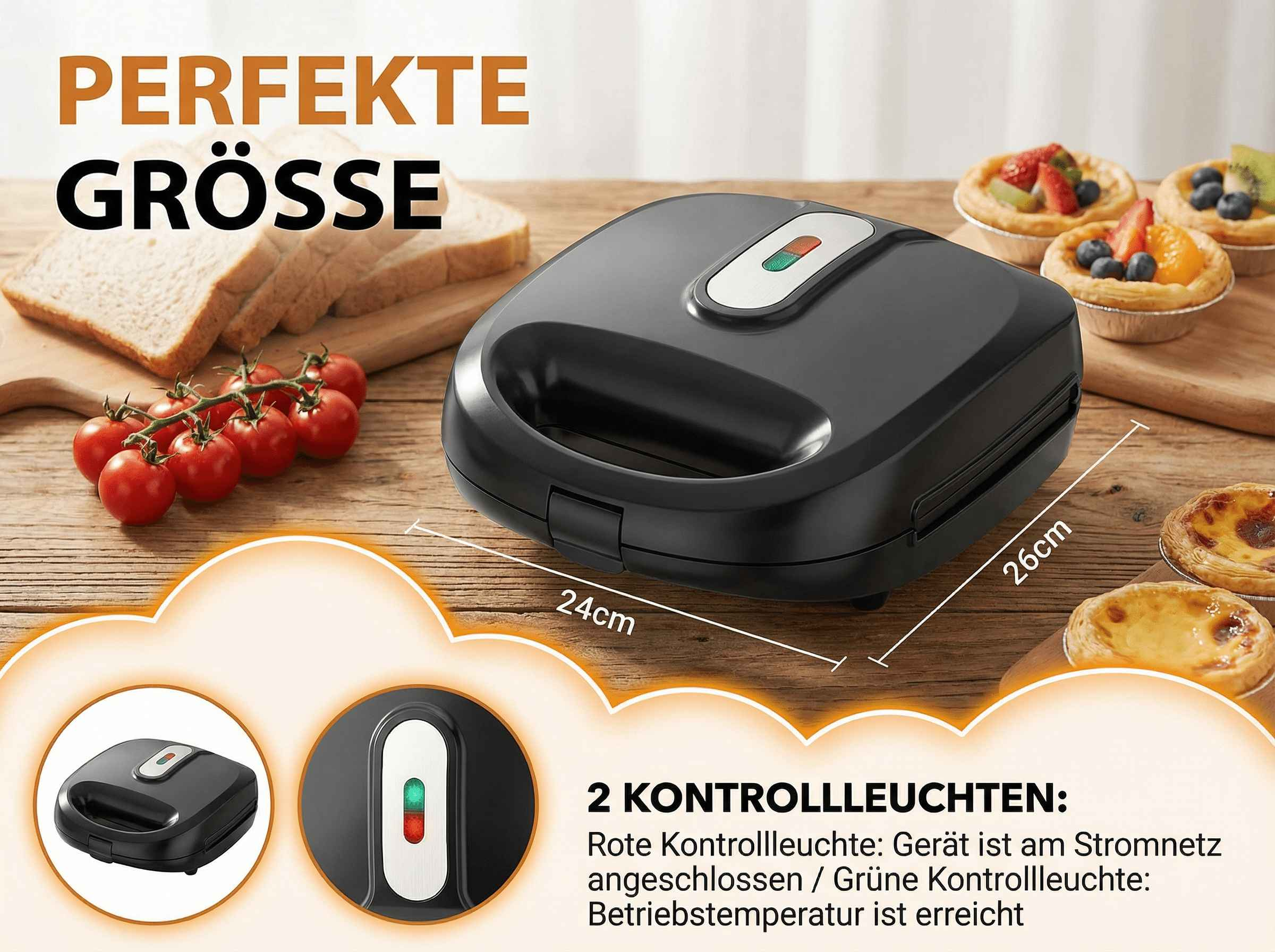Schwarzer Kontaktgrill mit 2 Kontrollleuchten, daneben Brot, Tomaten und Gebäcke.