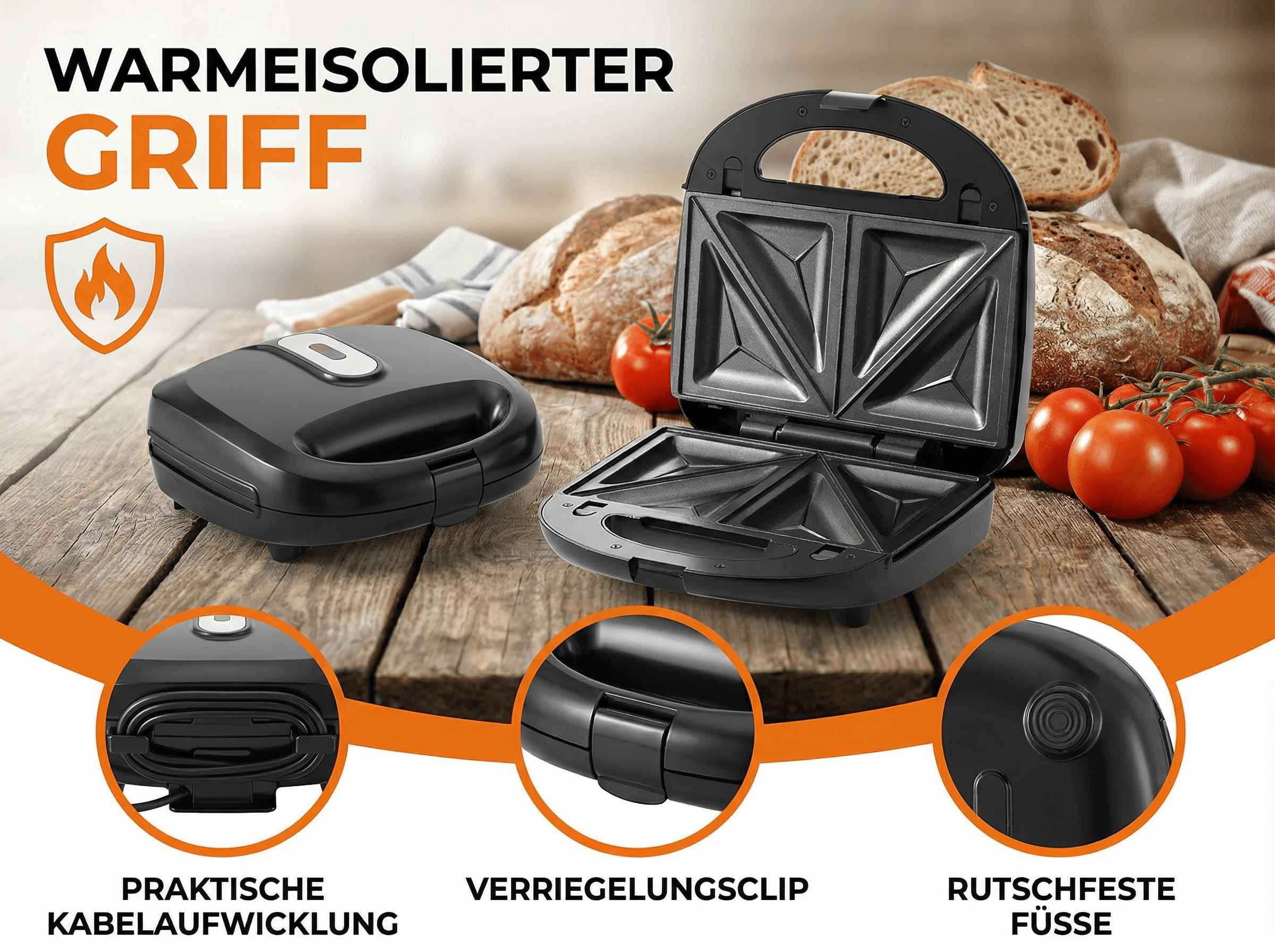 Ein schwarzer Sandwichmaker mit offenem Deckel, daneben Brot und Tomaten.