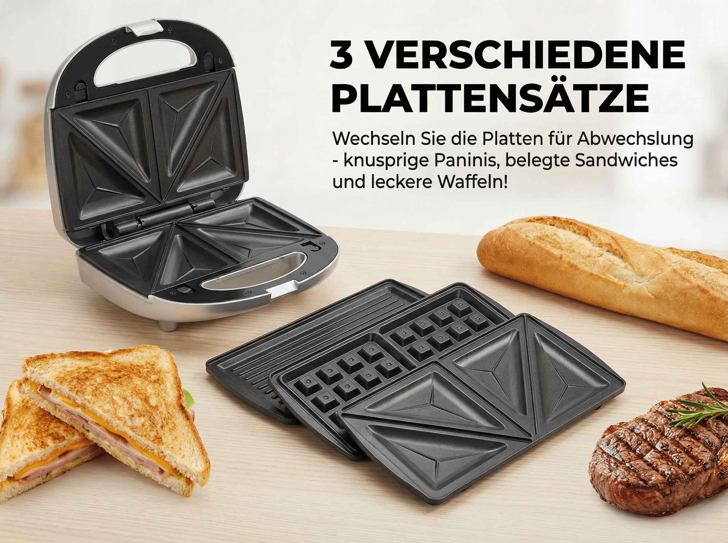 Sandwichtoaster mit 3 Plattensätzen, Sandwiches, Brot, Steak und Waffeln.