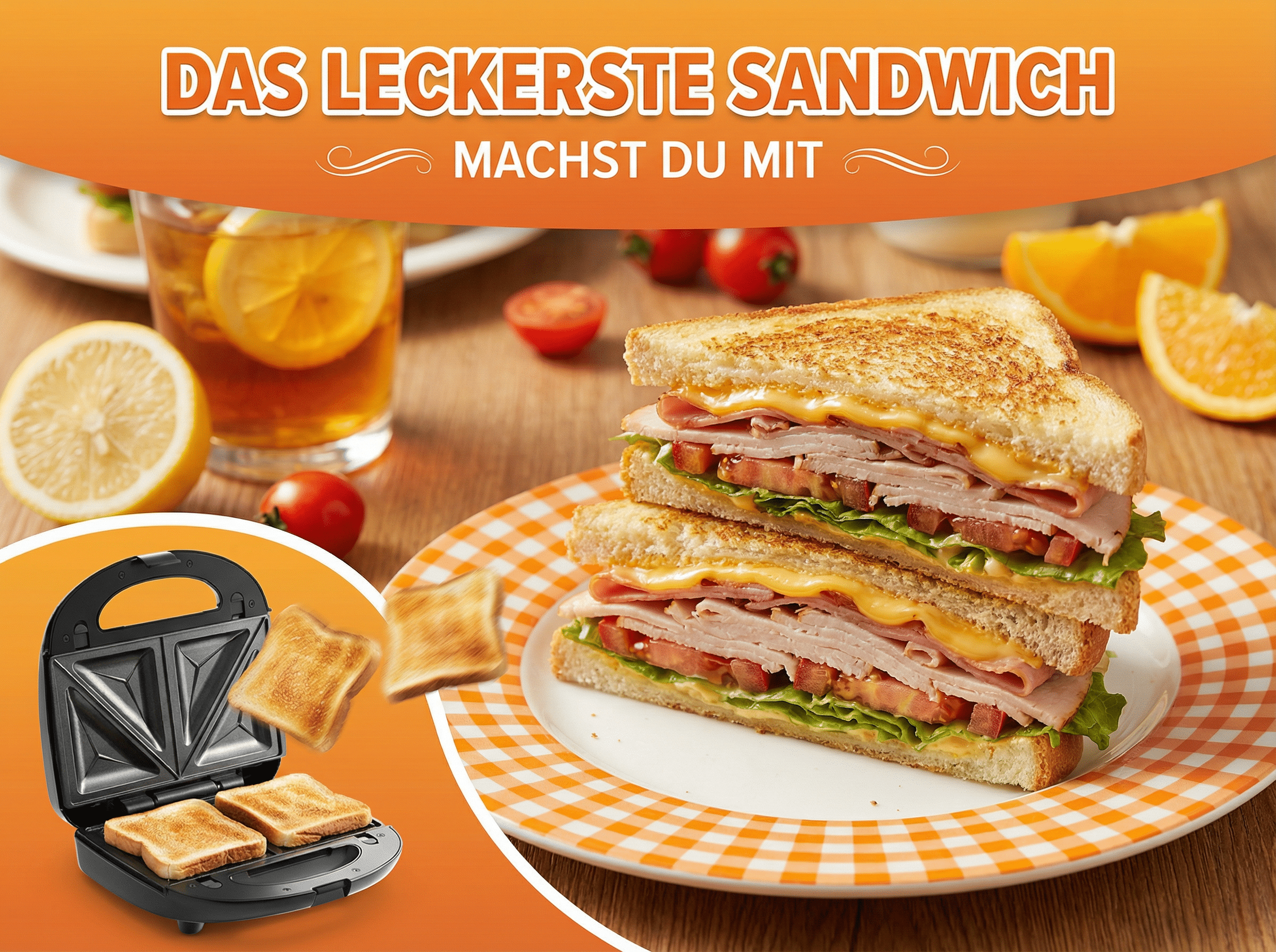Sandwichtoaster mit Sandwiches, Orangen, Zitrone, Tomaten und Eistee.