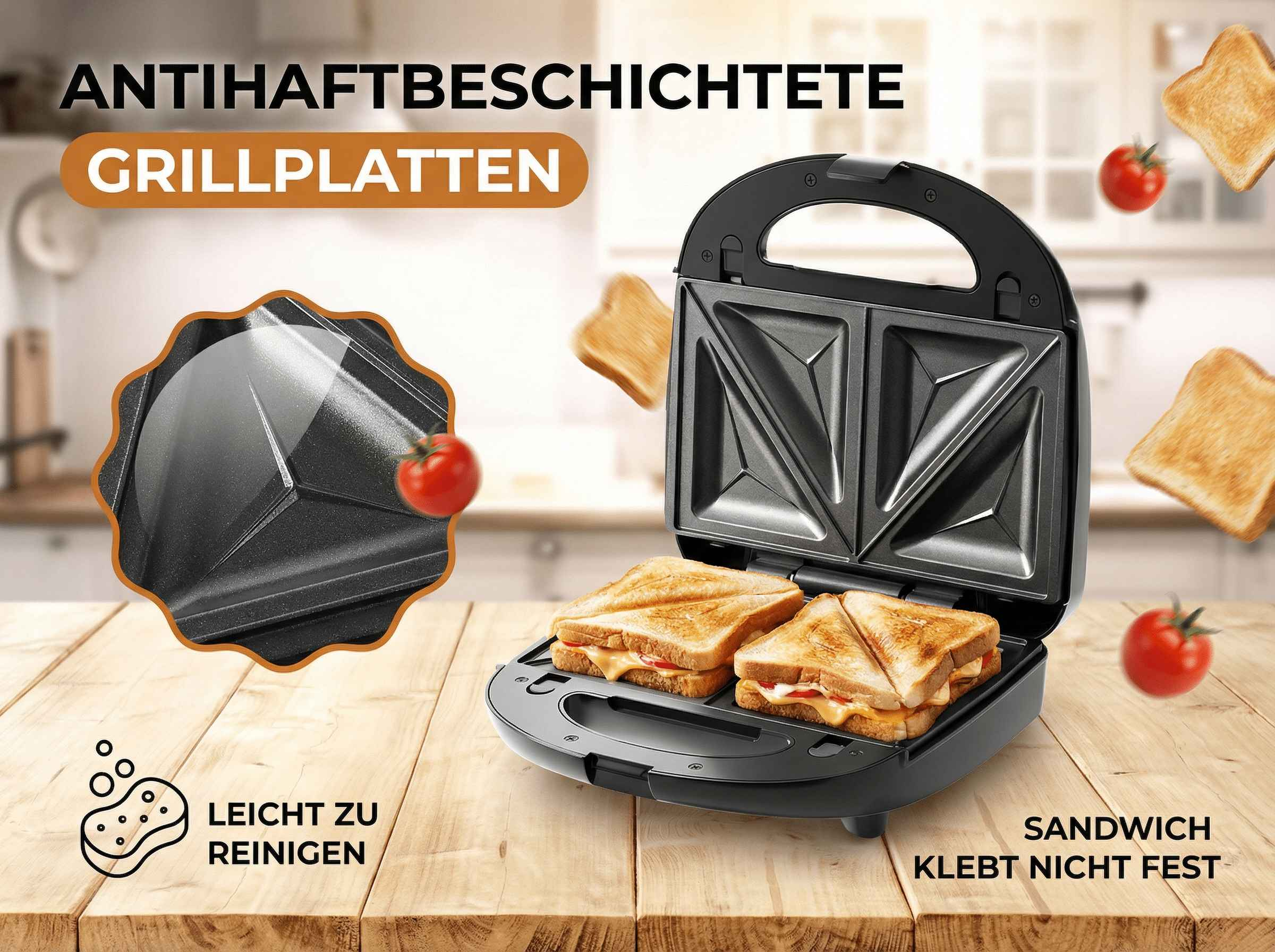Sandwichtoaster mit Toast, Tomaten und einem Schwamm-Symbol.