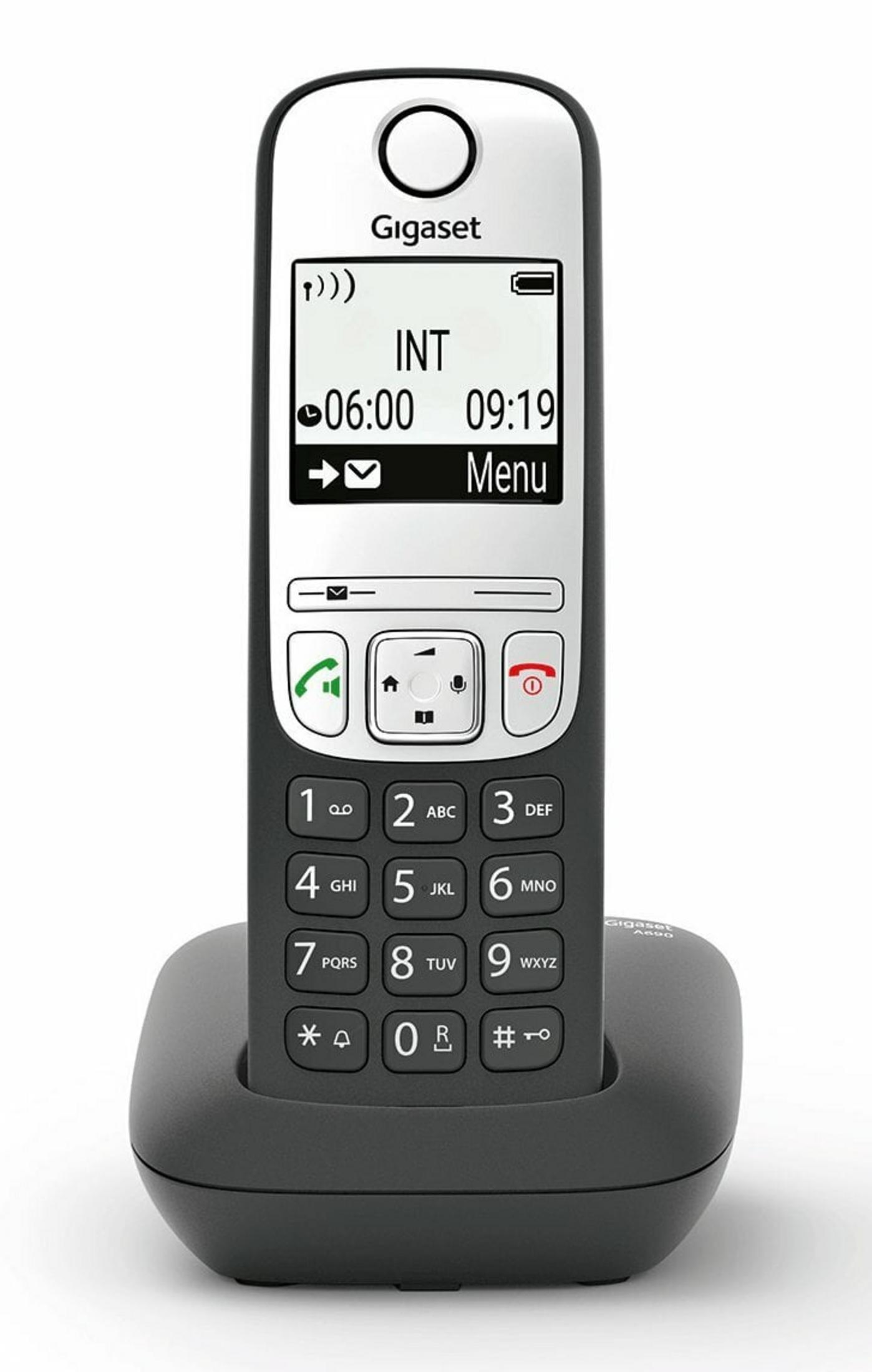 Telefono cordless Gigaset in base di ricarica nera, con display.