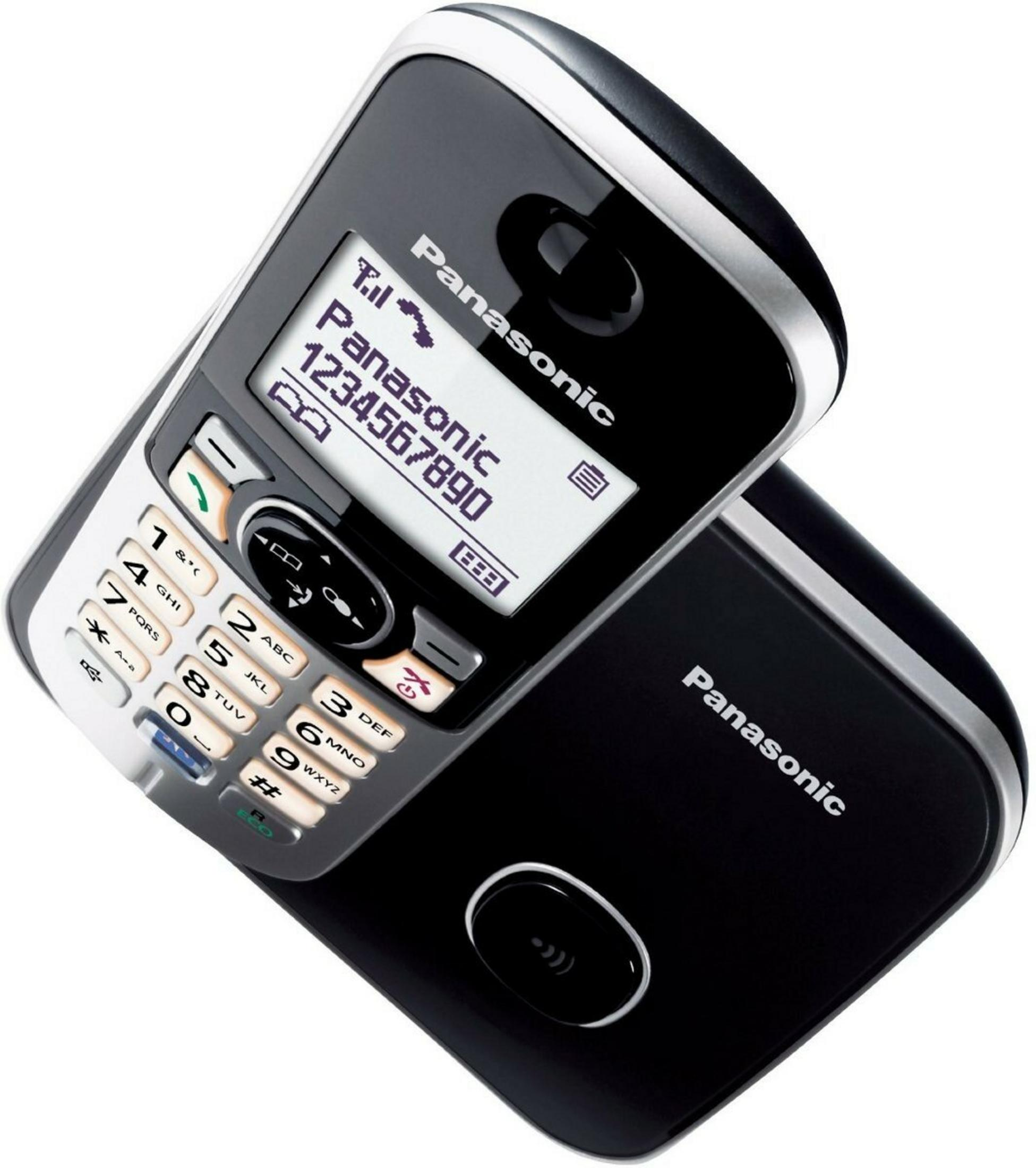 Un telefono cordless Panasonic nero con display e tastiera.