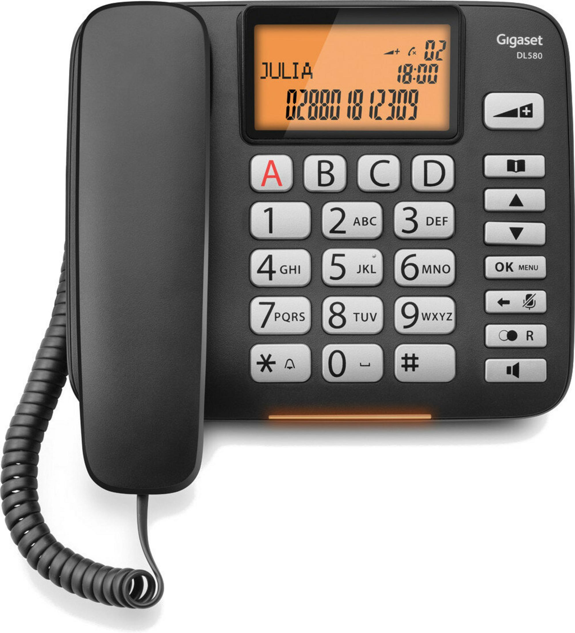 Czarny telefon Gigaset DL580 z podświetlanym wyświetlaczem pokazującym JULIA i numer.