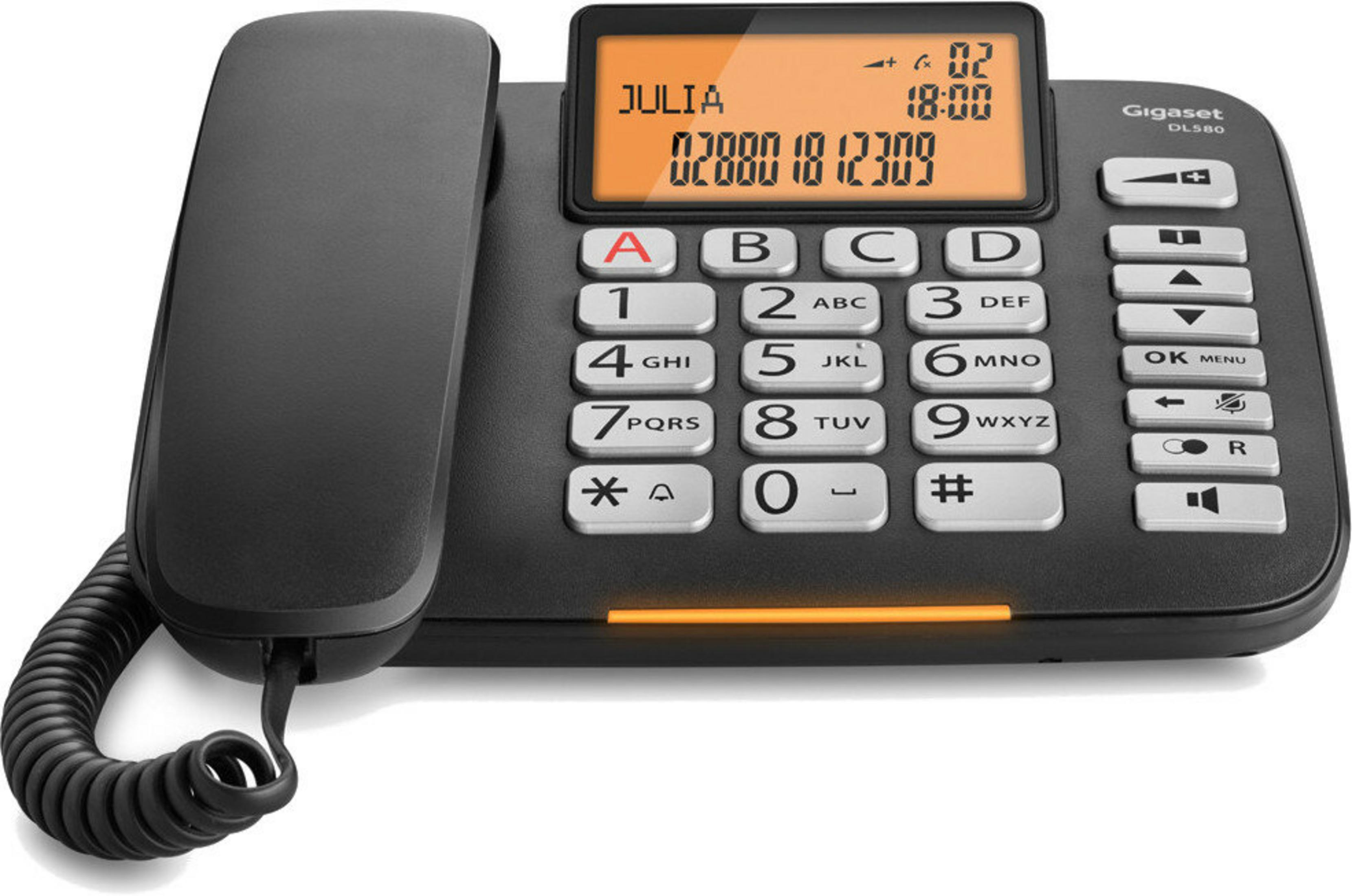 Czarny telefon stacjonarny z podświetlanym wyświetlaczem i klawiaturą.