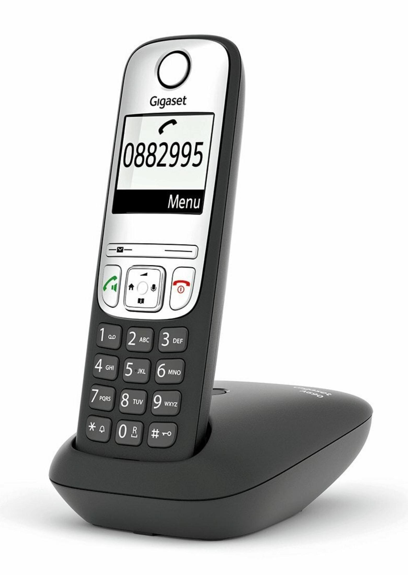 Un telefono cordless Gigaset con ID chiamante visualizzato sulla base.