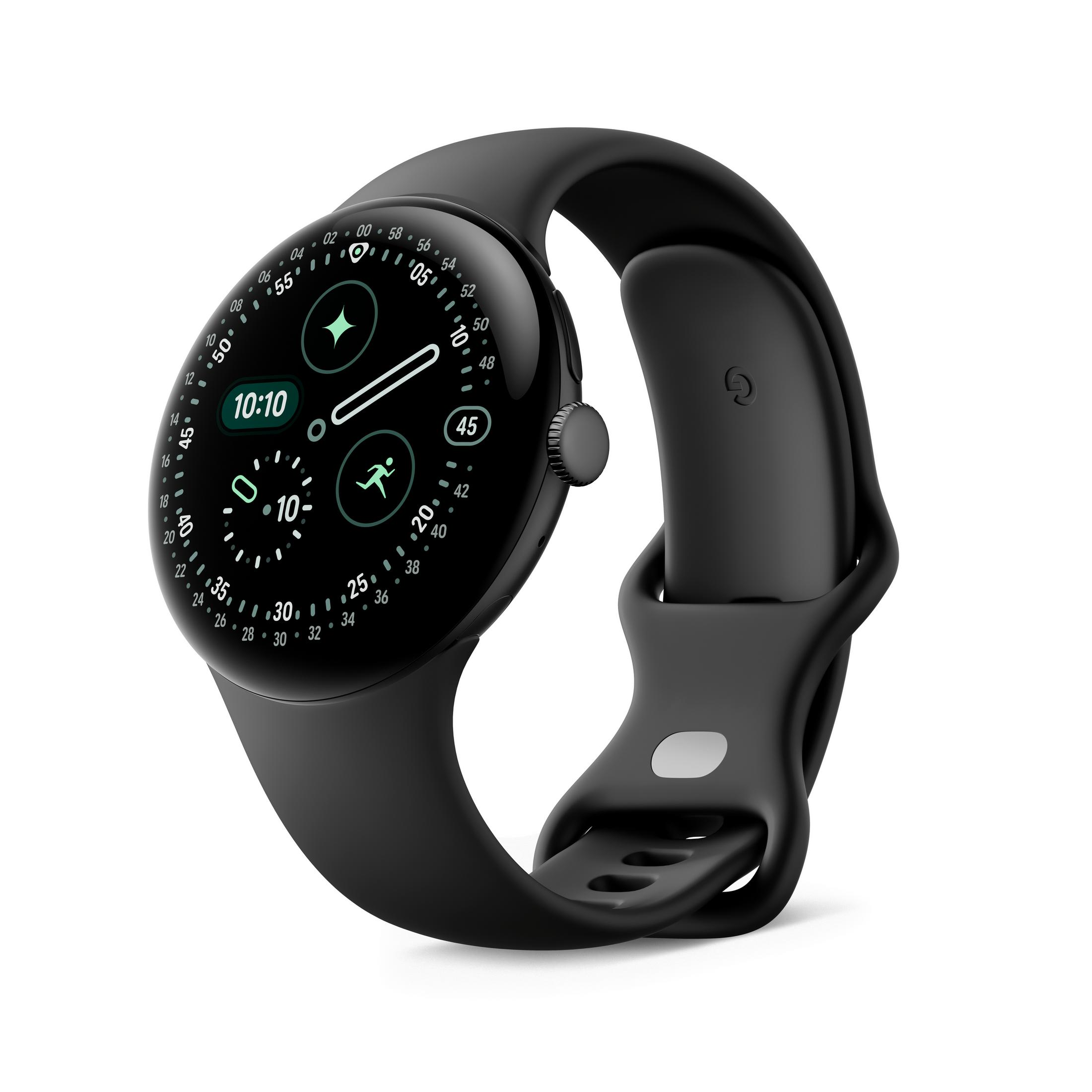 Czarny smartwatch z okrągłą tarczą pokazującą 10:10.